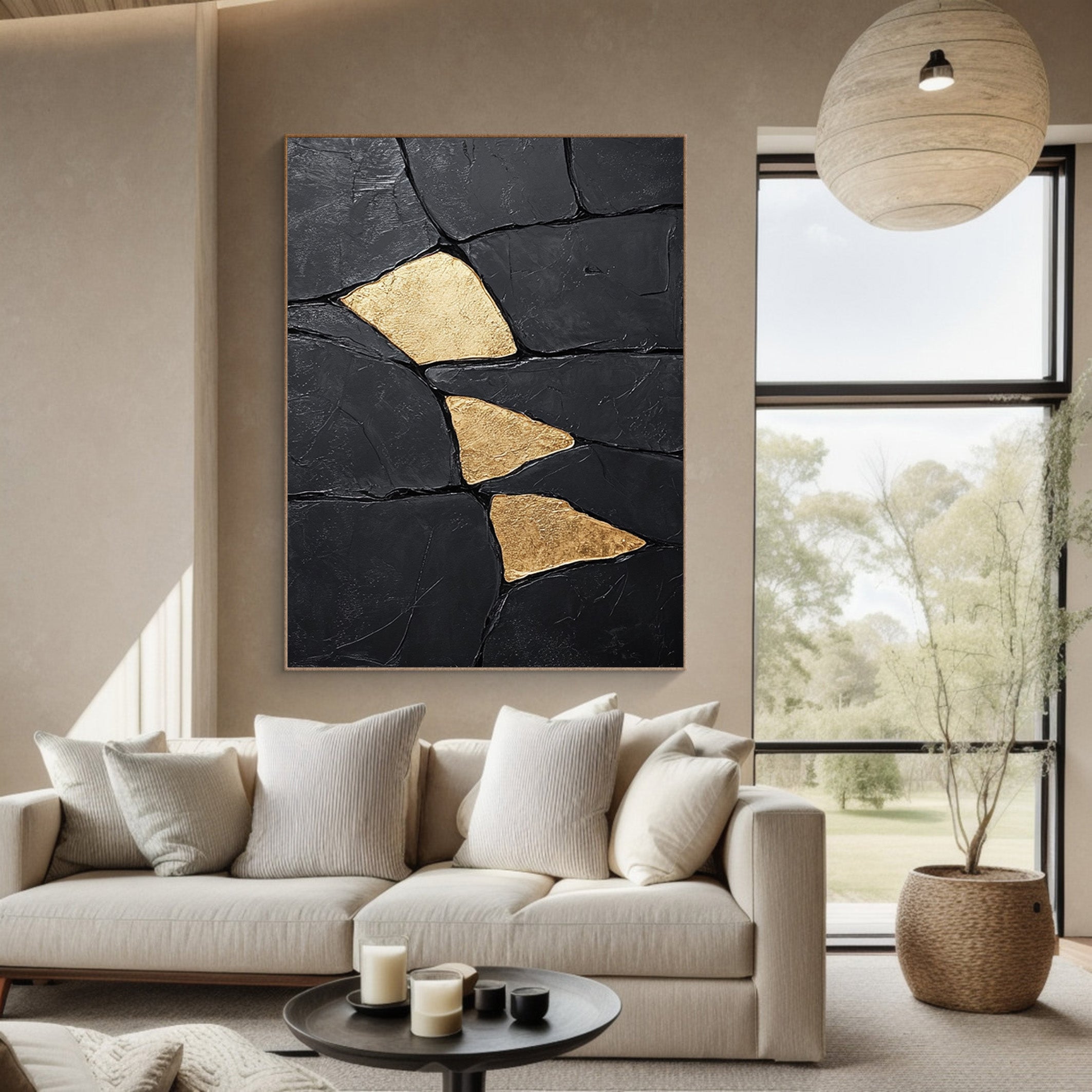 Gilded Shards: Heavily Textured Black Abstract with Gold Inlays #MM549