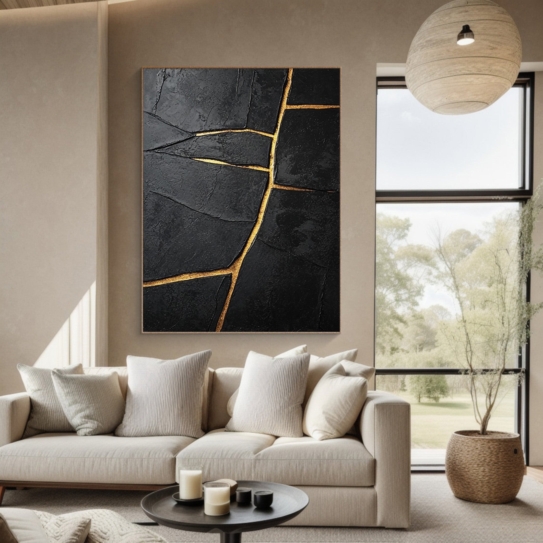 Gilded Divide:Textured Black Abstract with Linear Gold Inlays #MM550