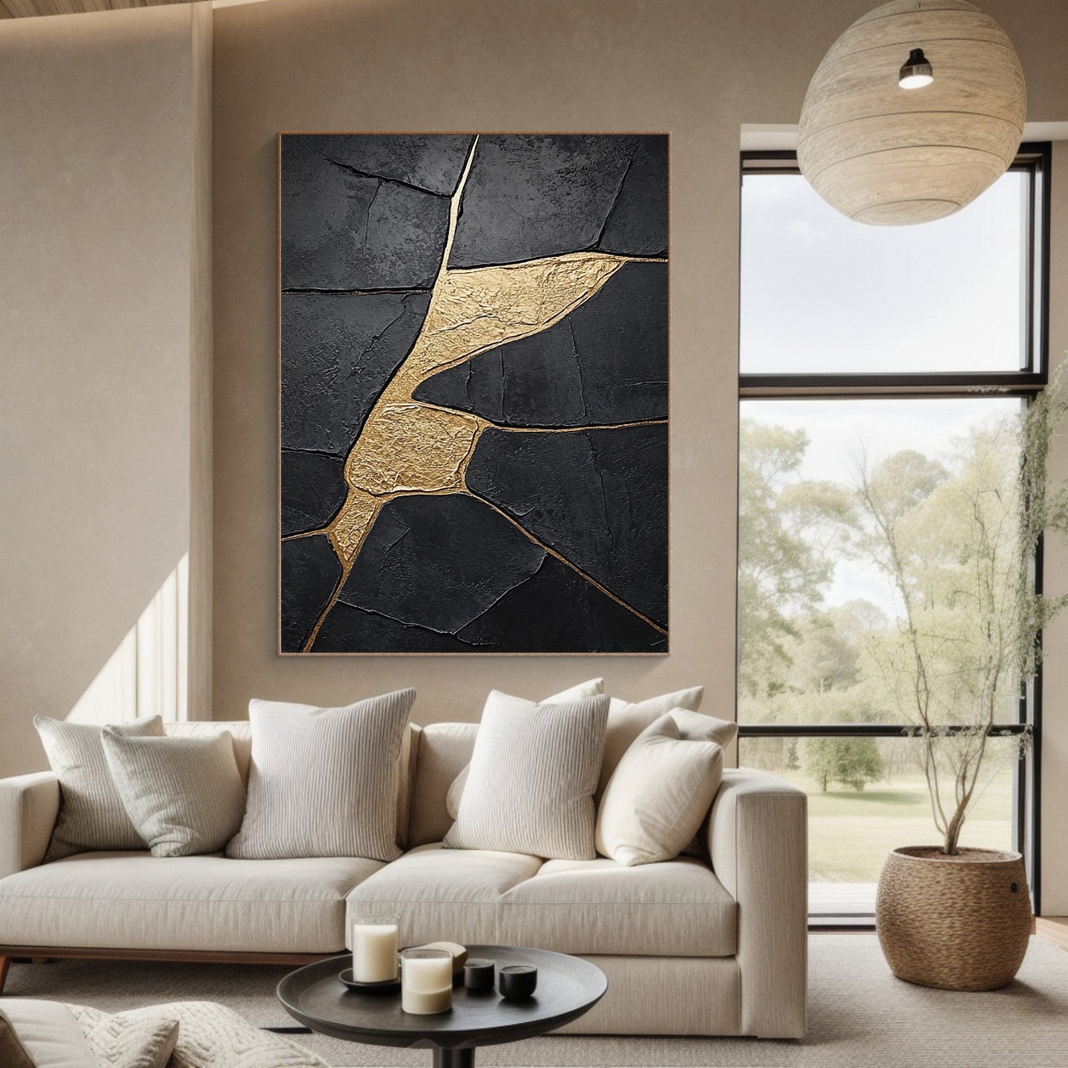 Molten Shadow:Black Impasto with Flowing Organic Gold Veins #MM554