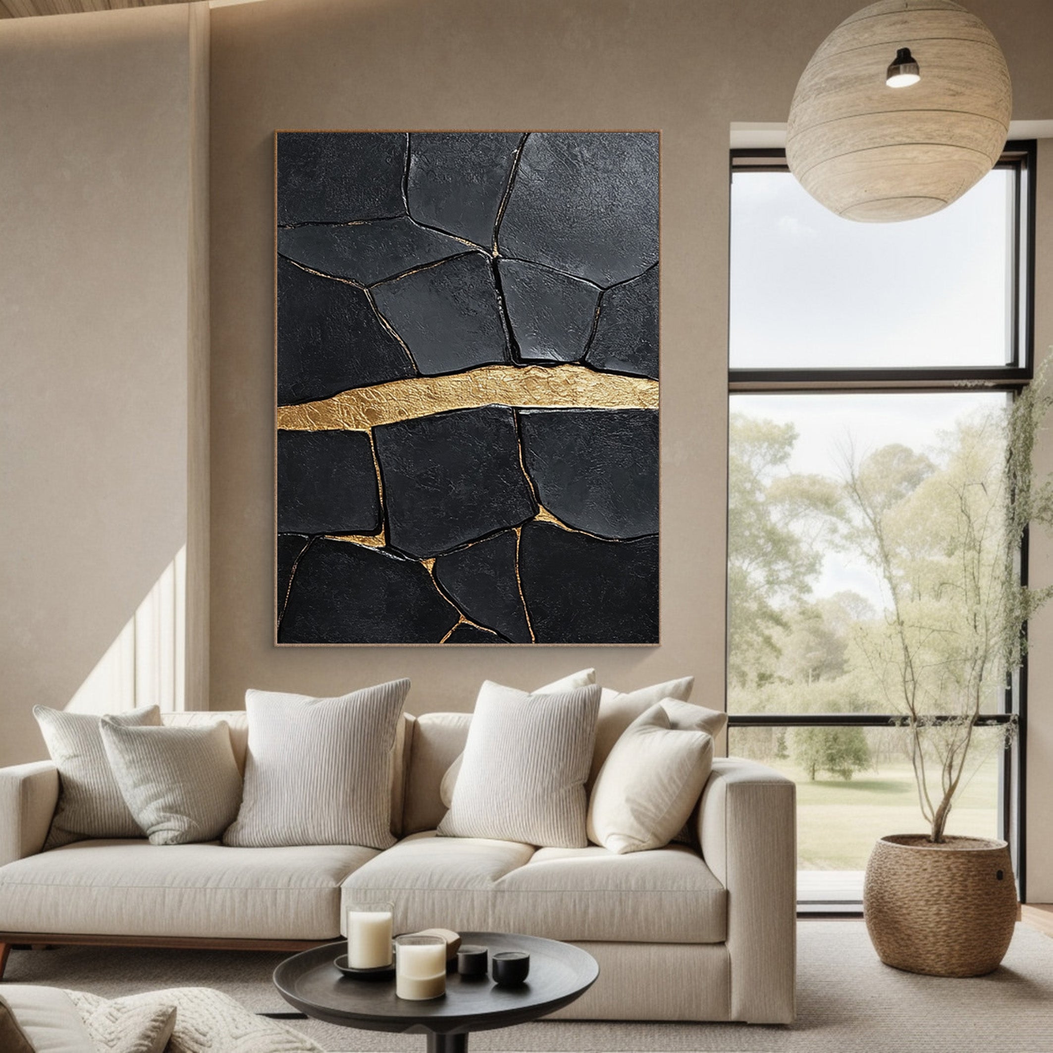 Golden Horizon:Textured Black Abstract with a Bold Gold Band #MM547