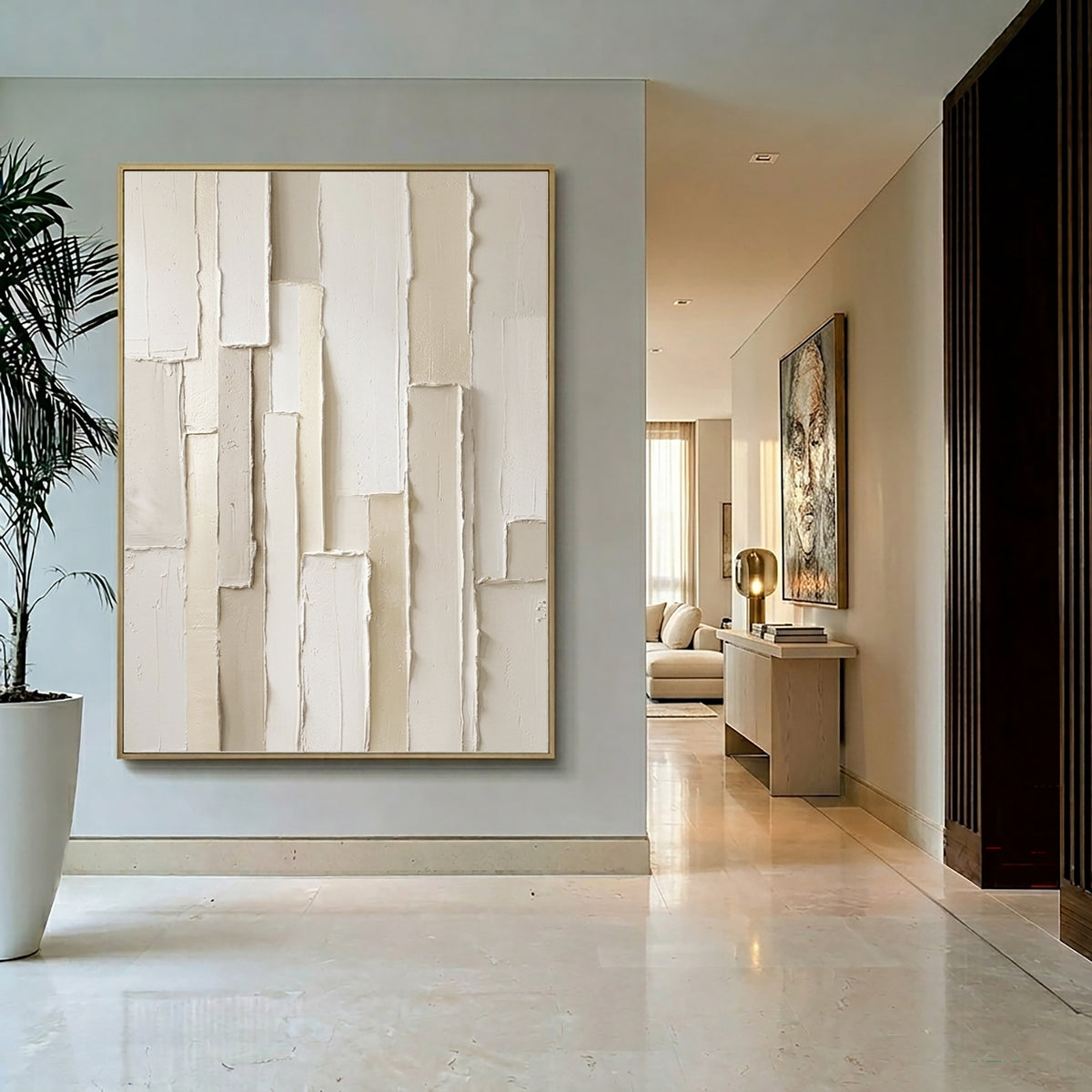 Large White Sculptural Relief Wall Art 3D Textured Abstract Oil Painting Layered Geometric Blocks Neutral Minimalist Luxury Home Decor