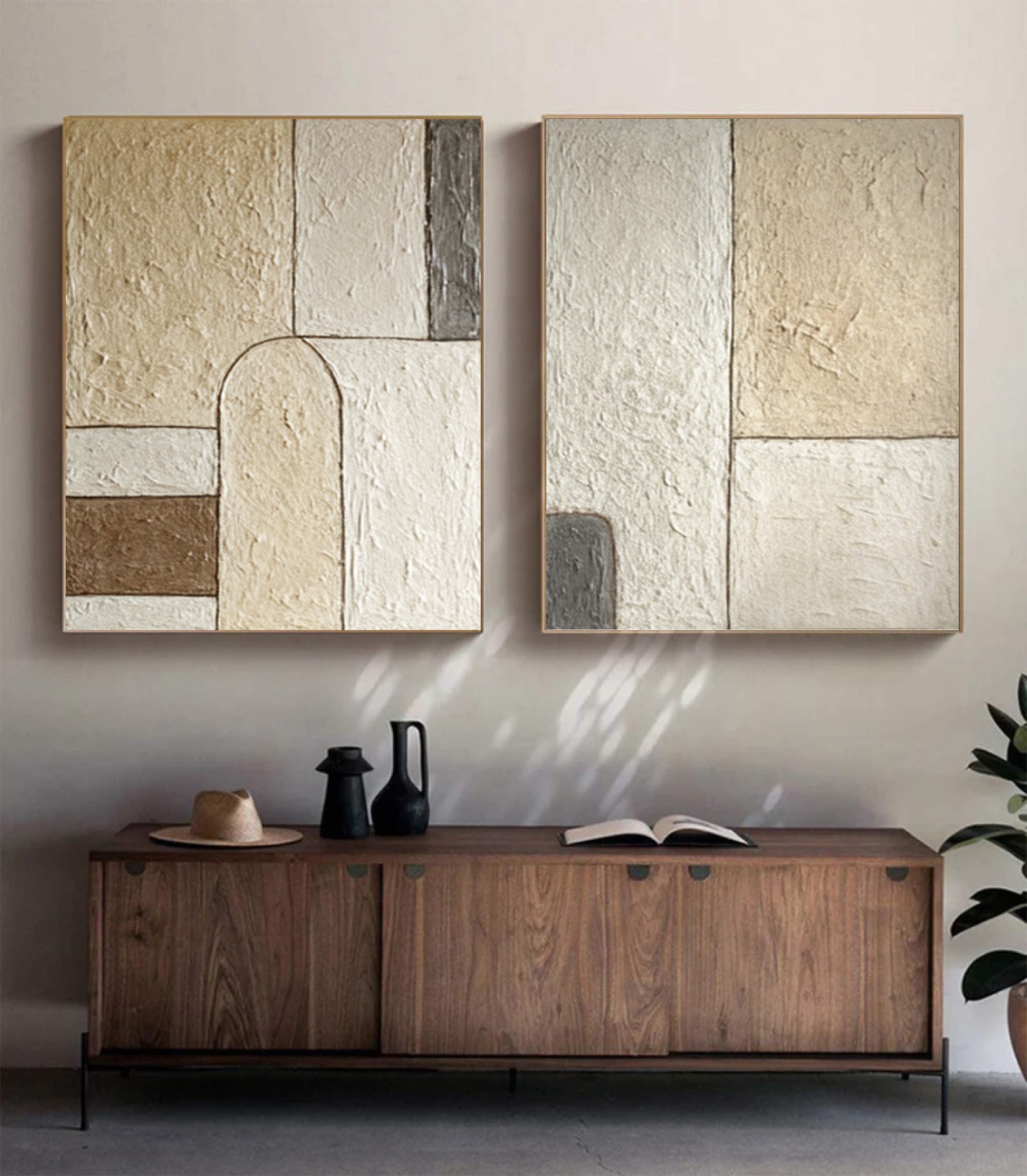 Minimalist Duo Wall Art - Neutral Abstract Canvas Prints #AG 049