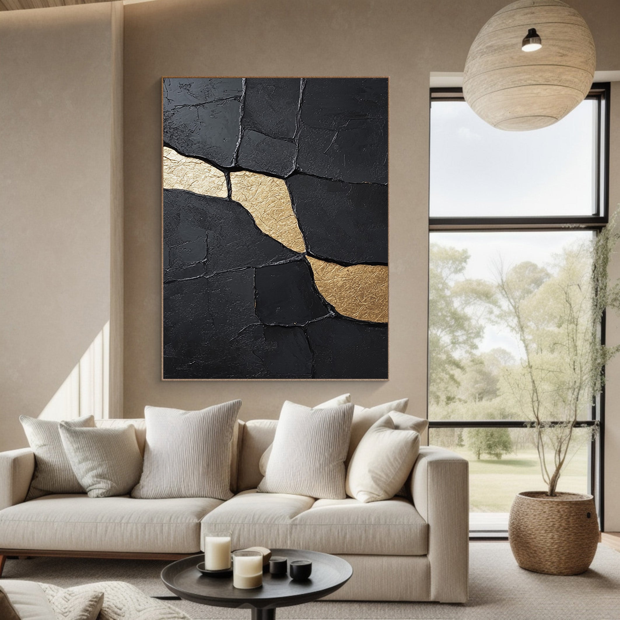 Gilded Flow:Textured Black Abstract with Organic Gold Inlays #MM551