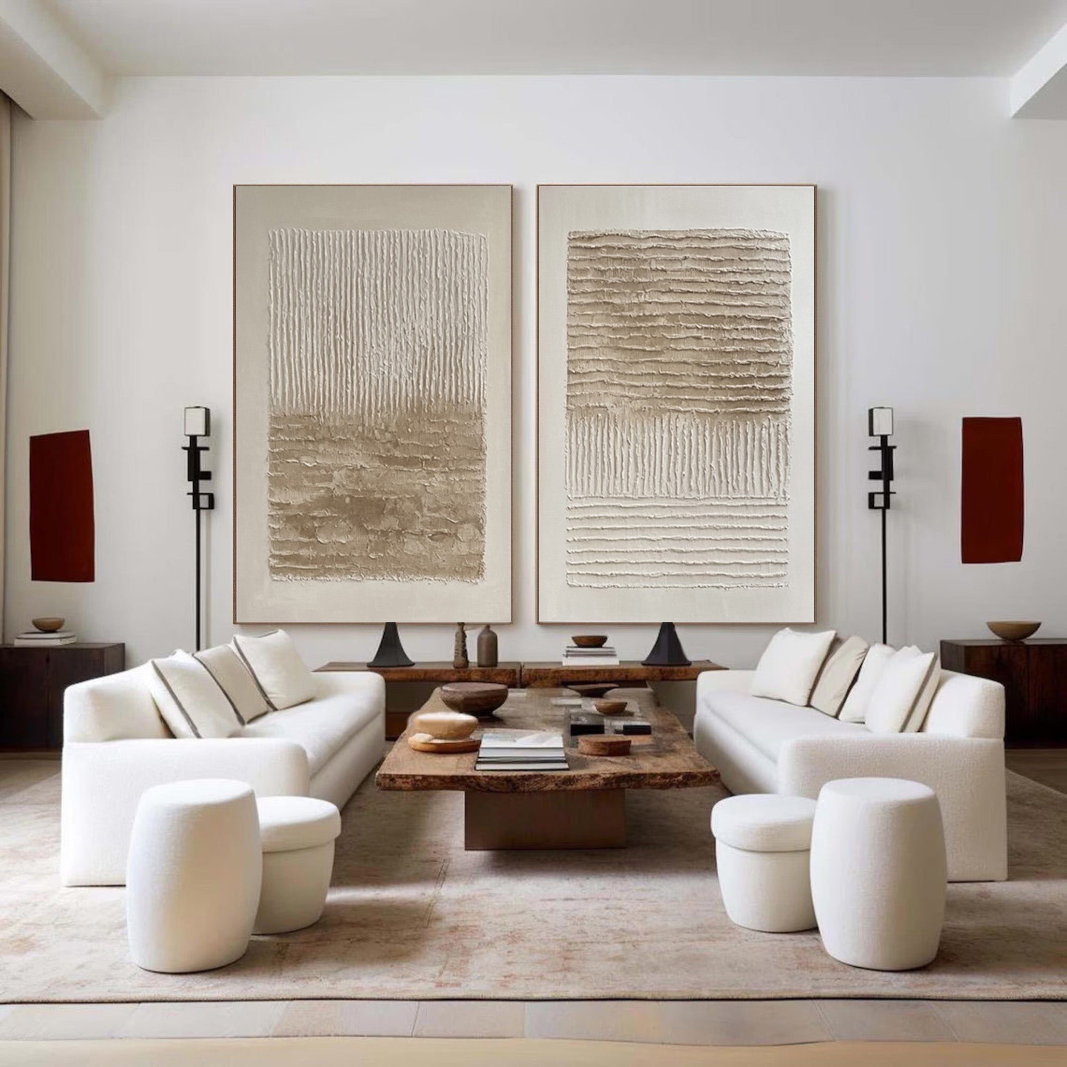 Woven Silence: Minimalist Neutral Set Of 2 with Impasto Lines #MM558