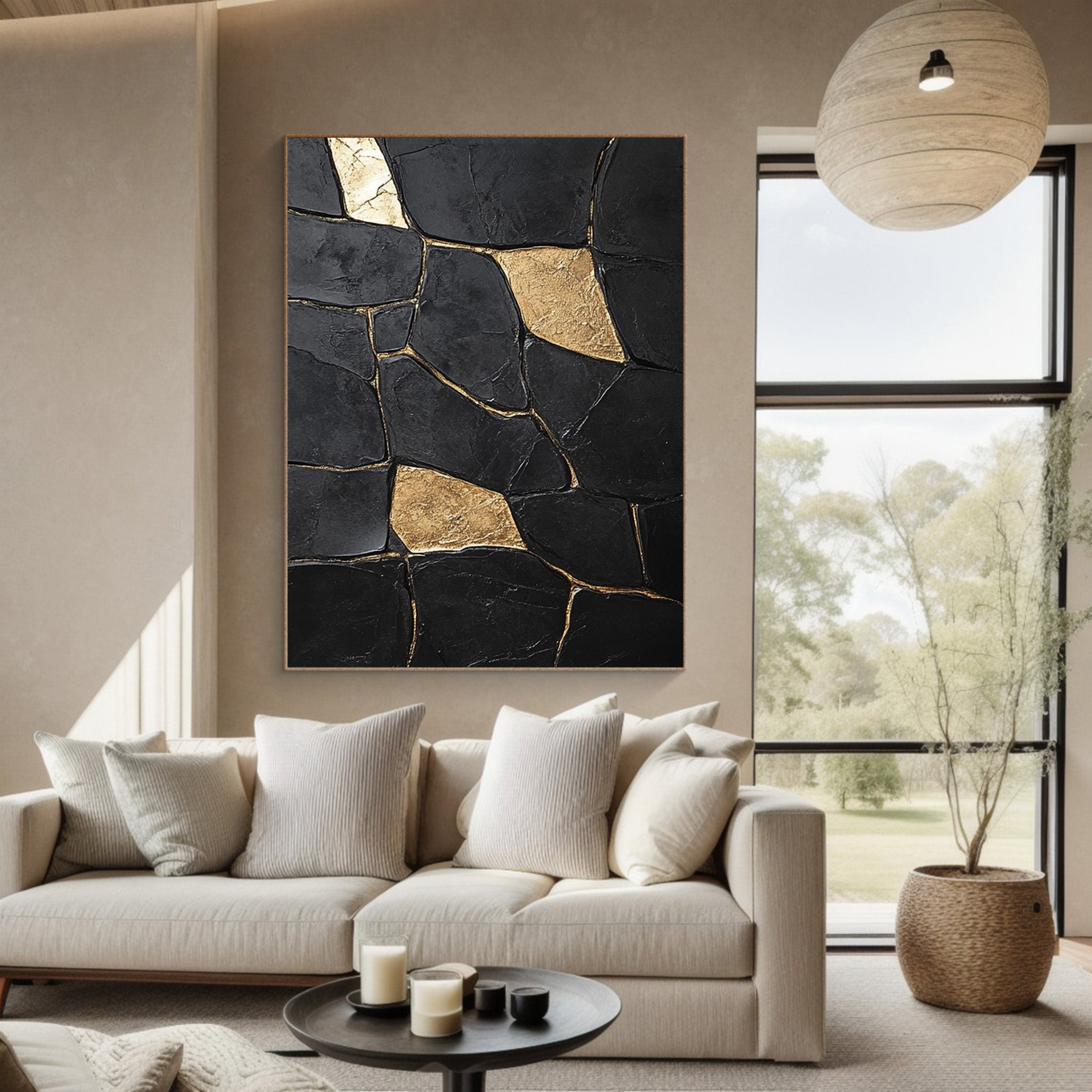 Shadow Mosaic: Large Modern Abstract with Textured Gold Shapes #MM552