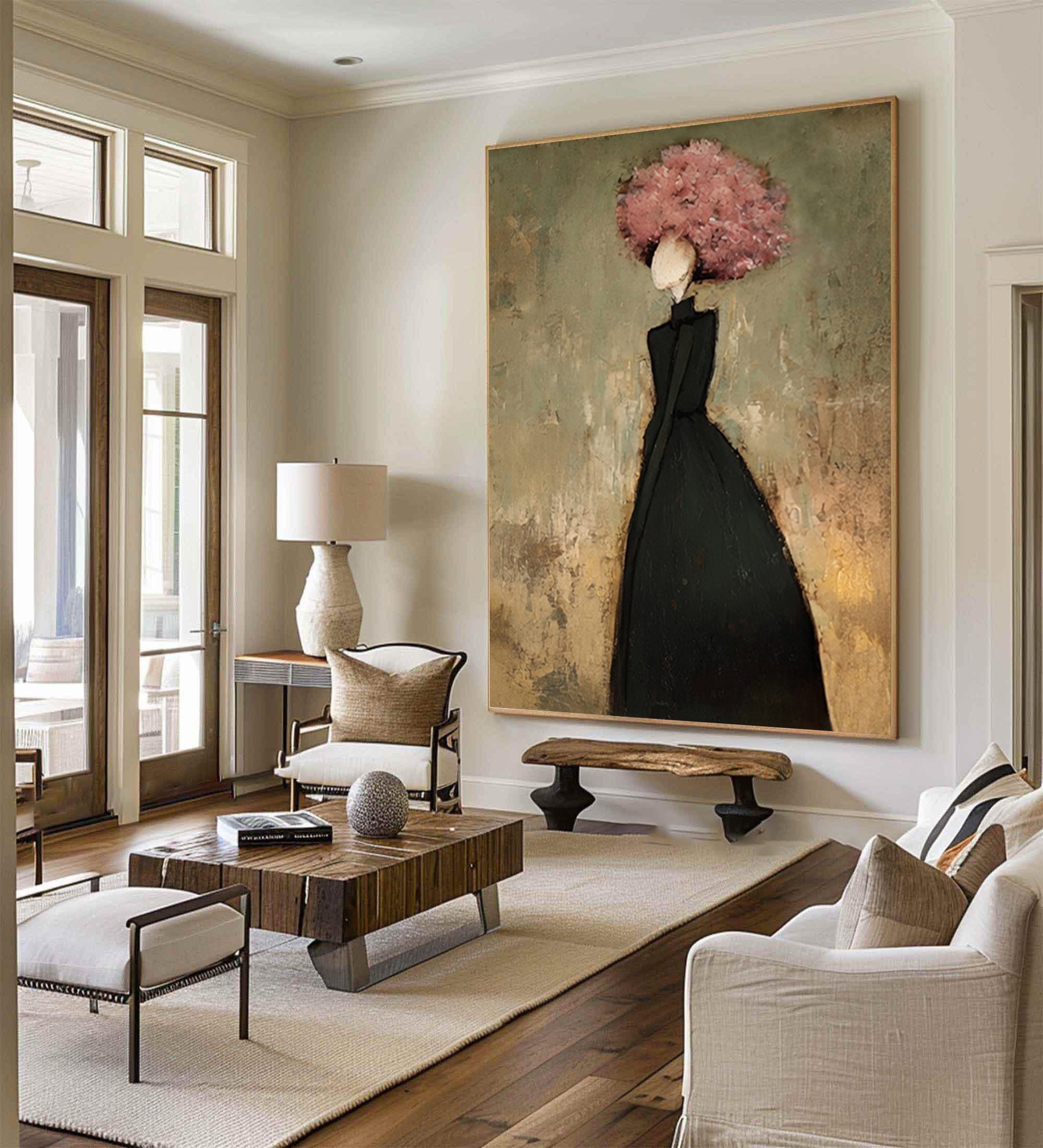 Large Woman Silhouette Wall Art Floral Oil Painting Modern Abstract Black Dress Contemporary Interior Decor