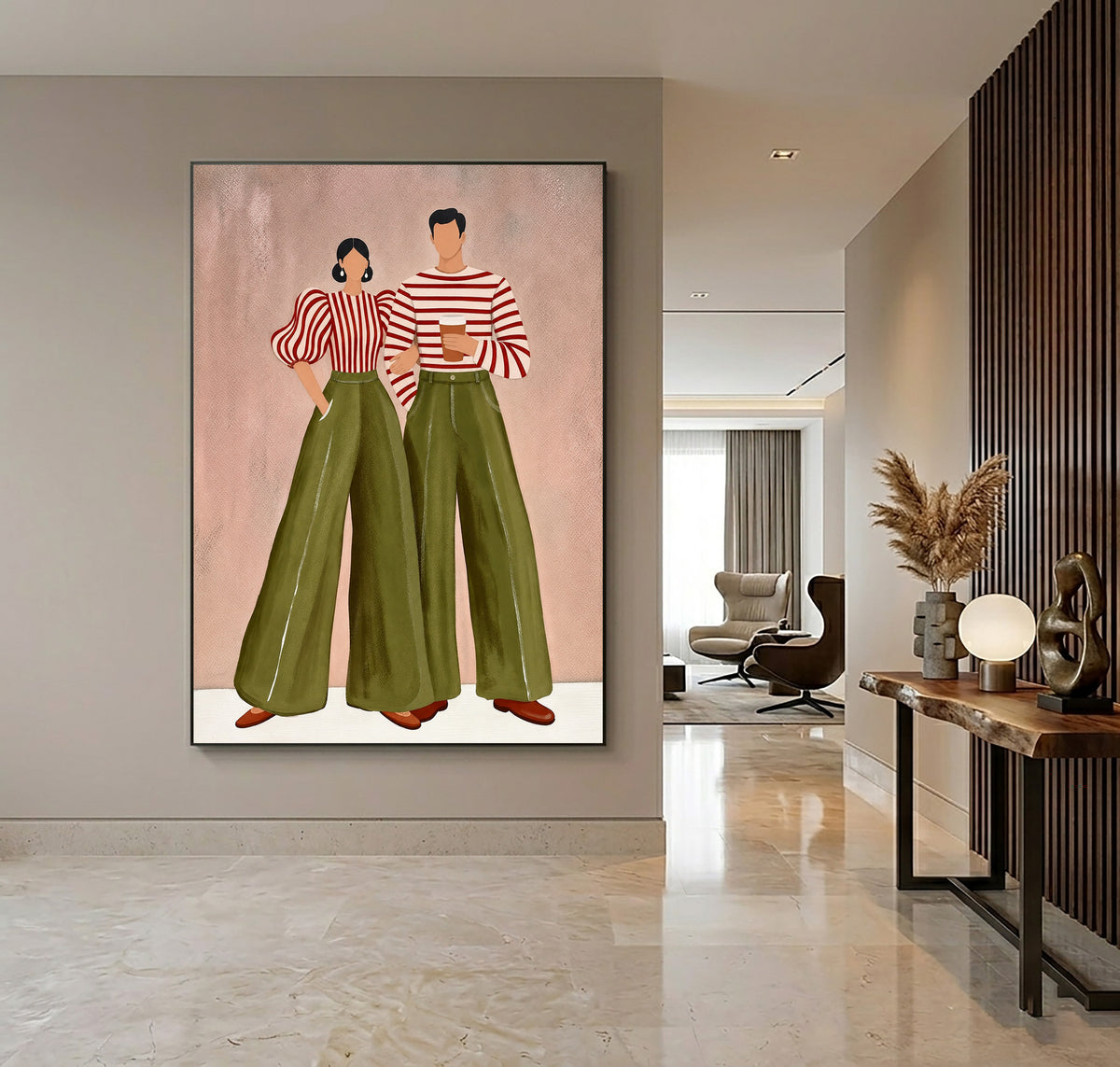 Stylish Couple Green Pants Contemporary Figurative Fashion Wall Art