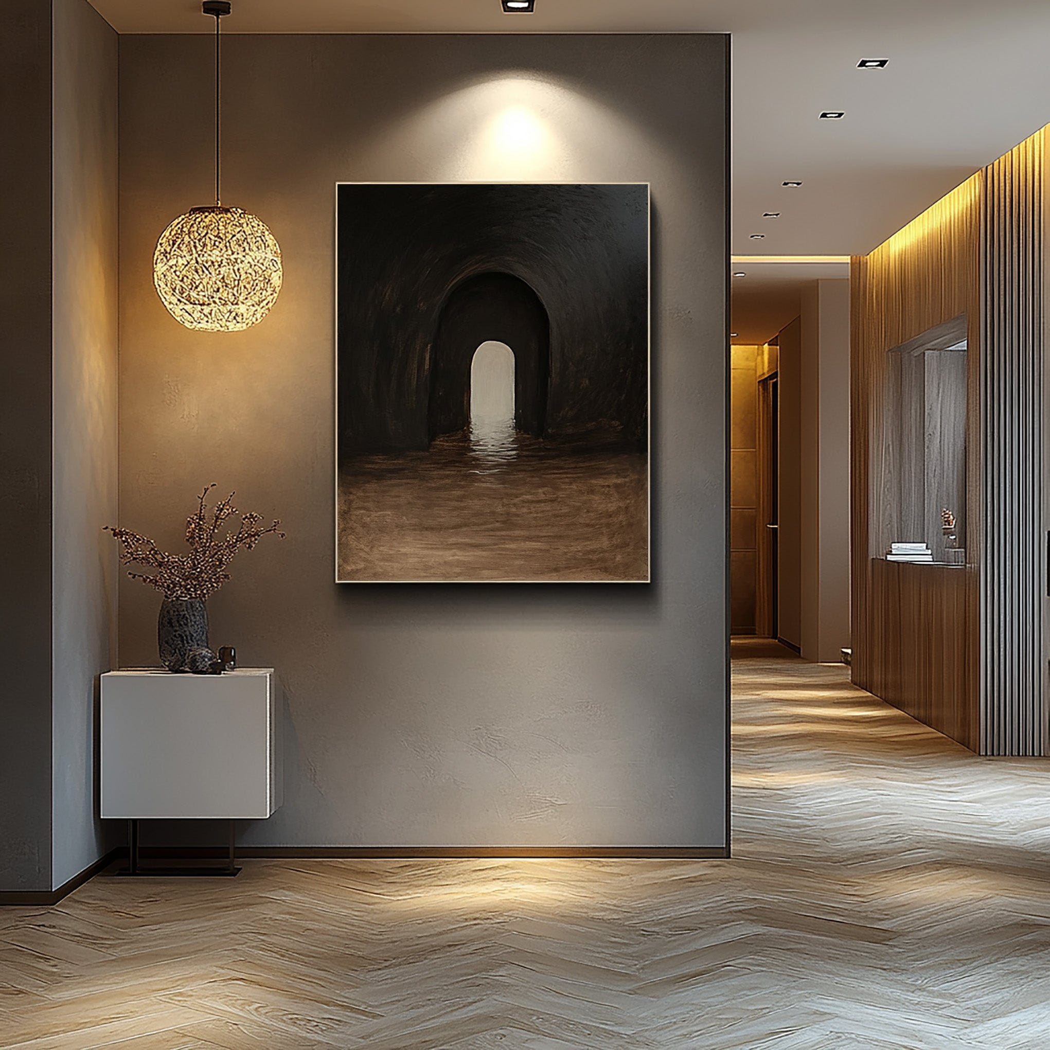 Dark Tunnel Passage to Light, Textured Atmospheric Painting#MM408