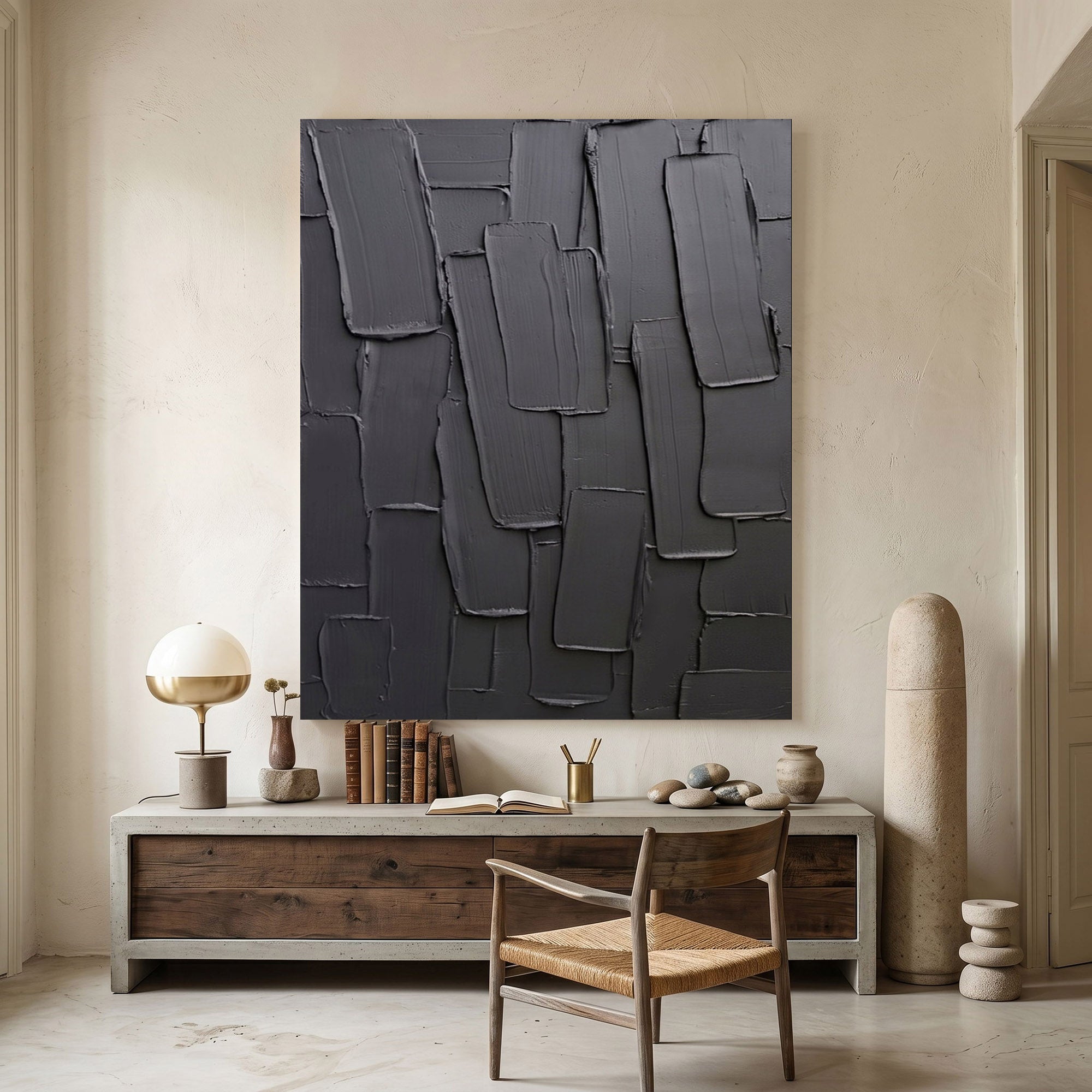 Black Gray Abstract Wall Art Textured Relief Painting Handmade Impasto Modern Minimalist Home Decor