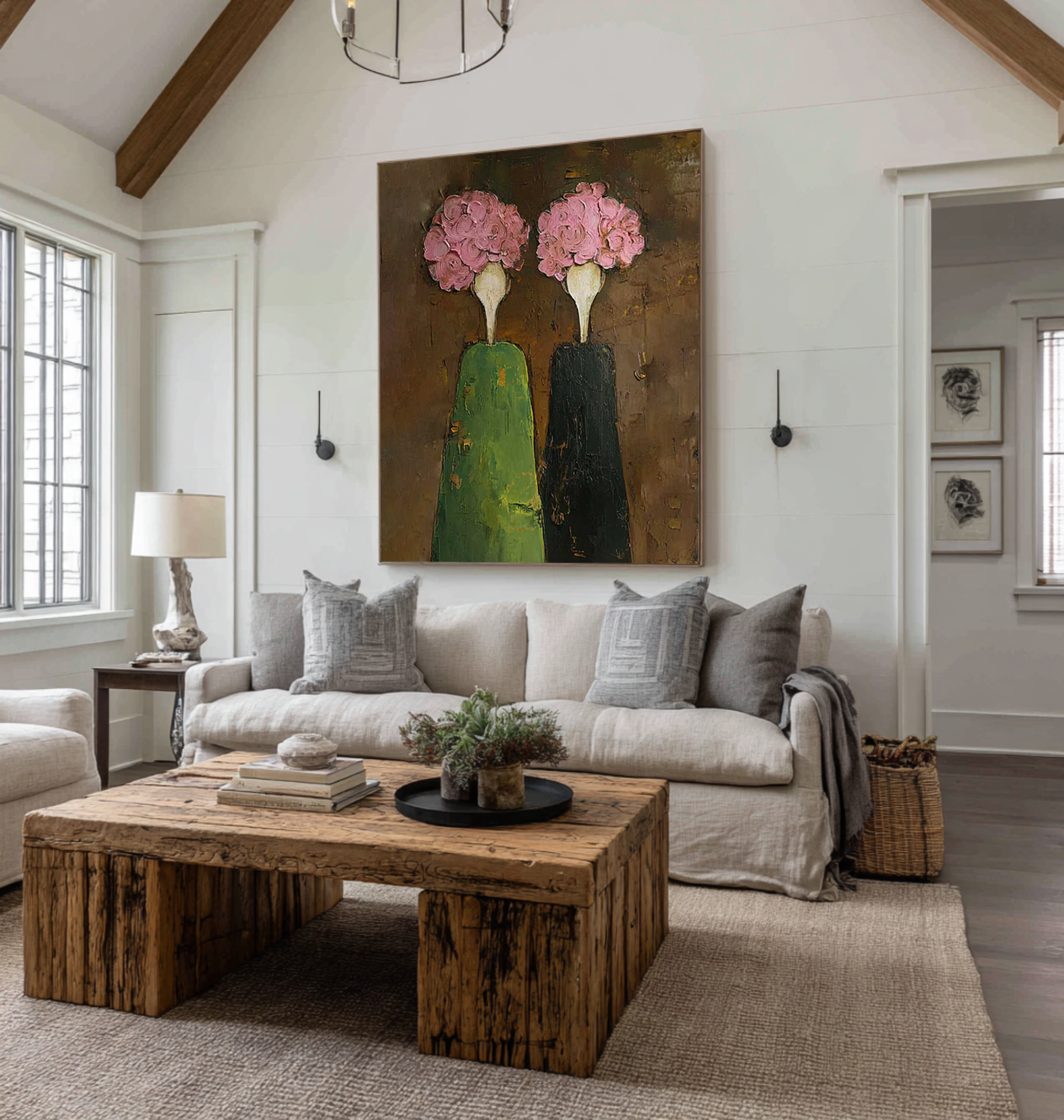 Modern Figurative Oil Painting - Green and Pink Wall Art | KelorArt