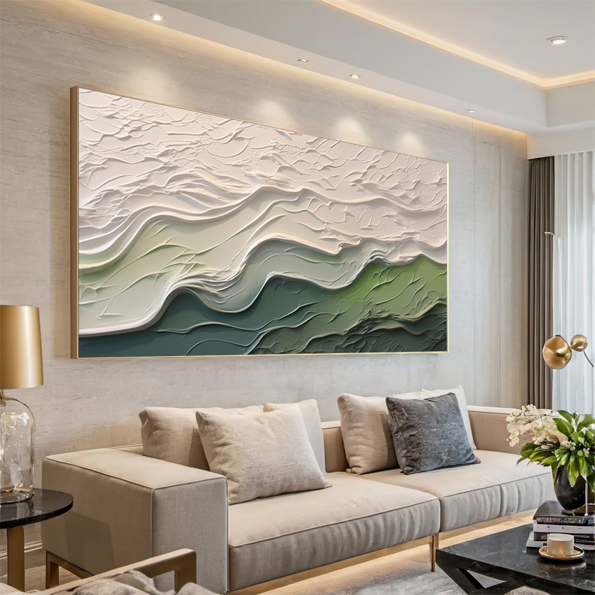Contemporary Wall Art Green and White Abstract Piece #AG 094