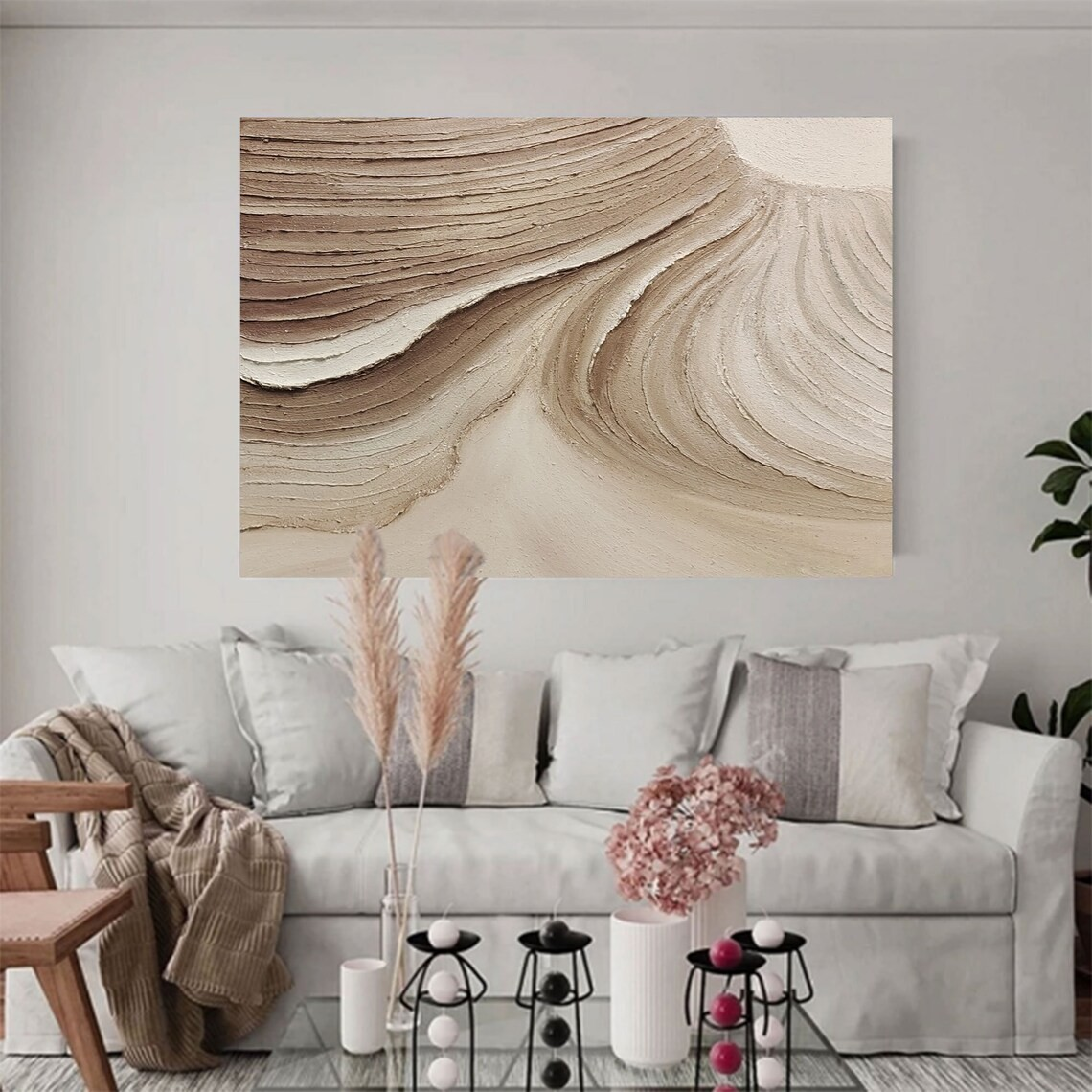 Sculptural Beige Wave Abstract Textured Minimalist Wall Art #MM243