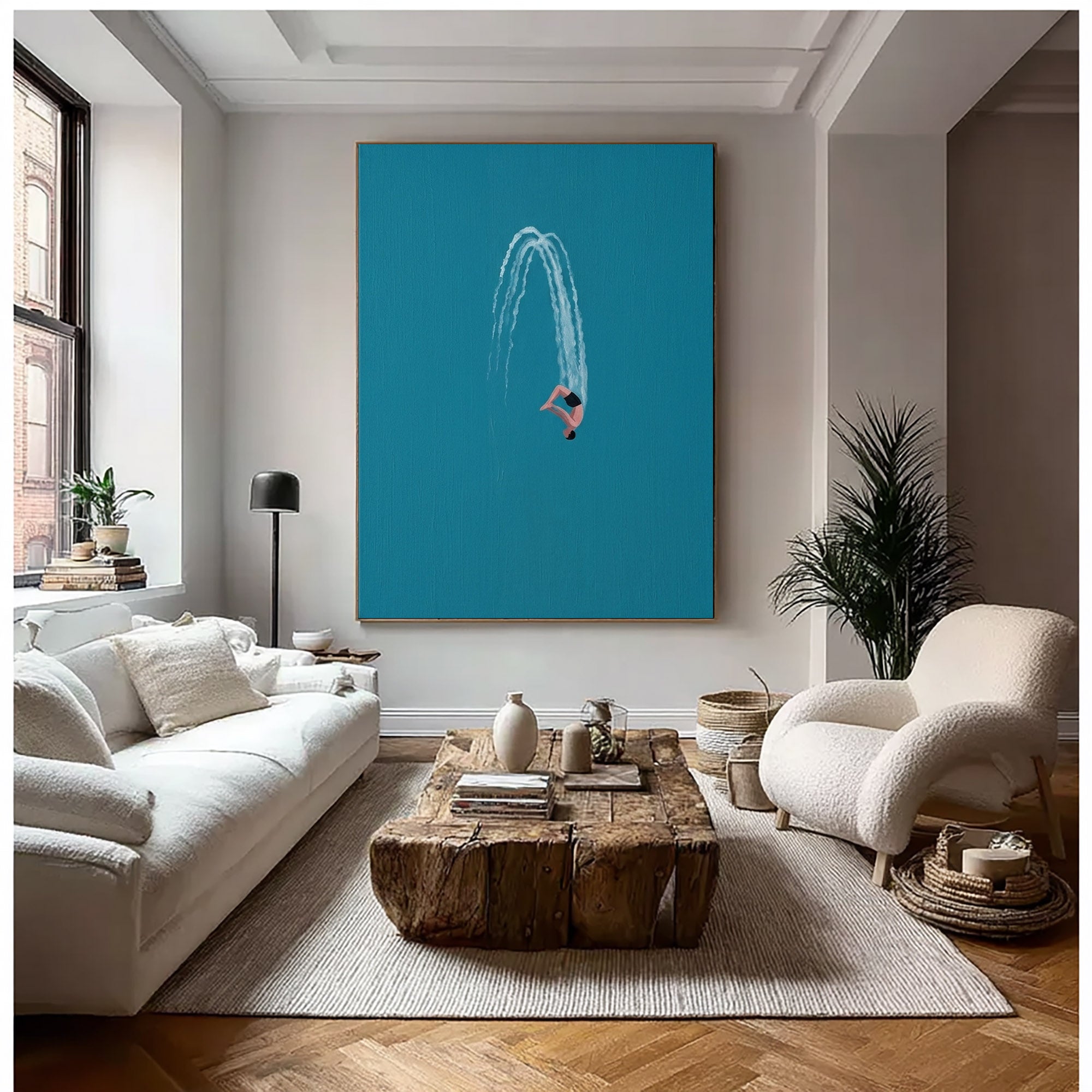 Large Minimalist Diver Wall Art Modern Swimming Oil Painting Coastal Decor