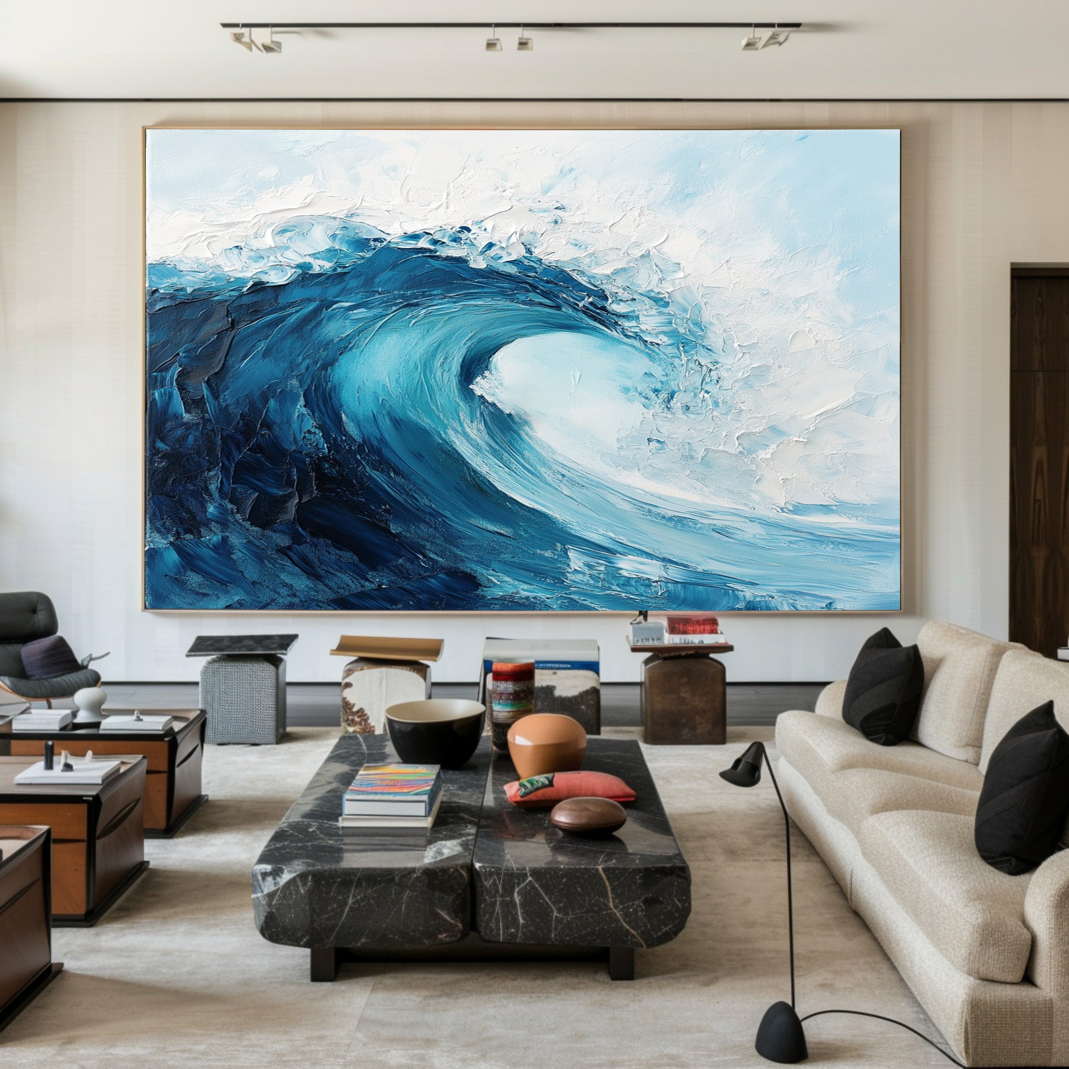Azure Fury: Impasto Ocean Wave Painting, Energetic Seascape #MM510