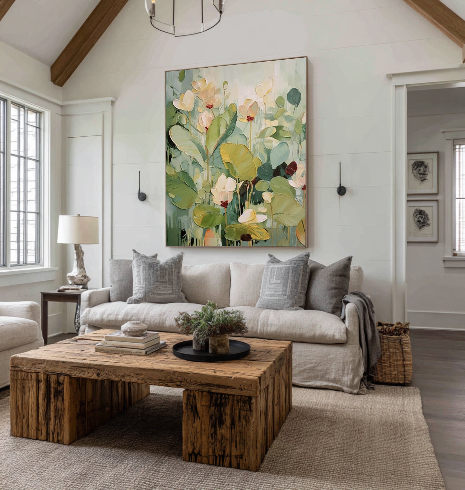 Large Green Floral Canvas Art Contemporary Botanical Painting