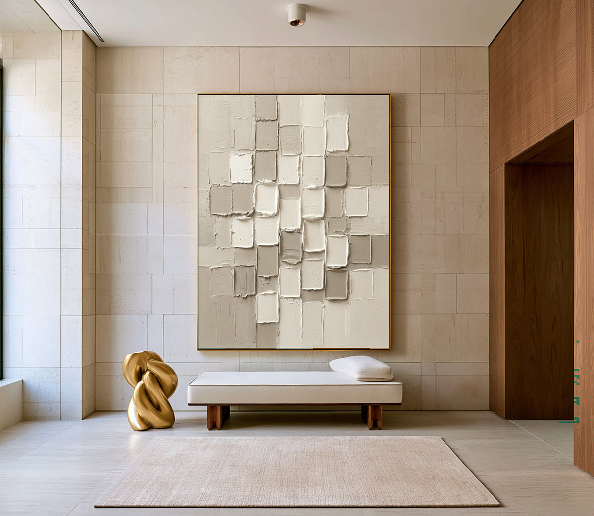 Large Elegant Neutral Textured Wall Art White Beige Abstract Oil Painting 3D Geometric Relief Modern Minimalist Luxury Home Decor