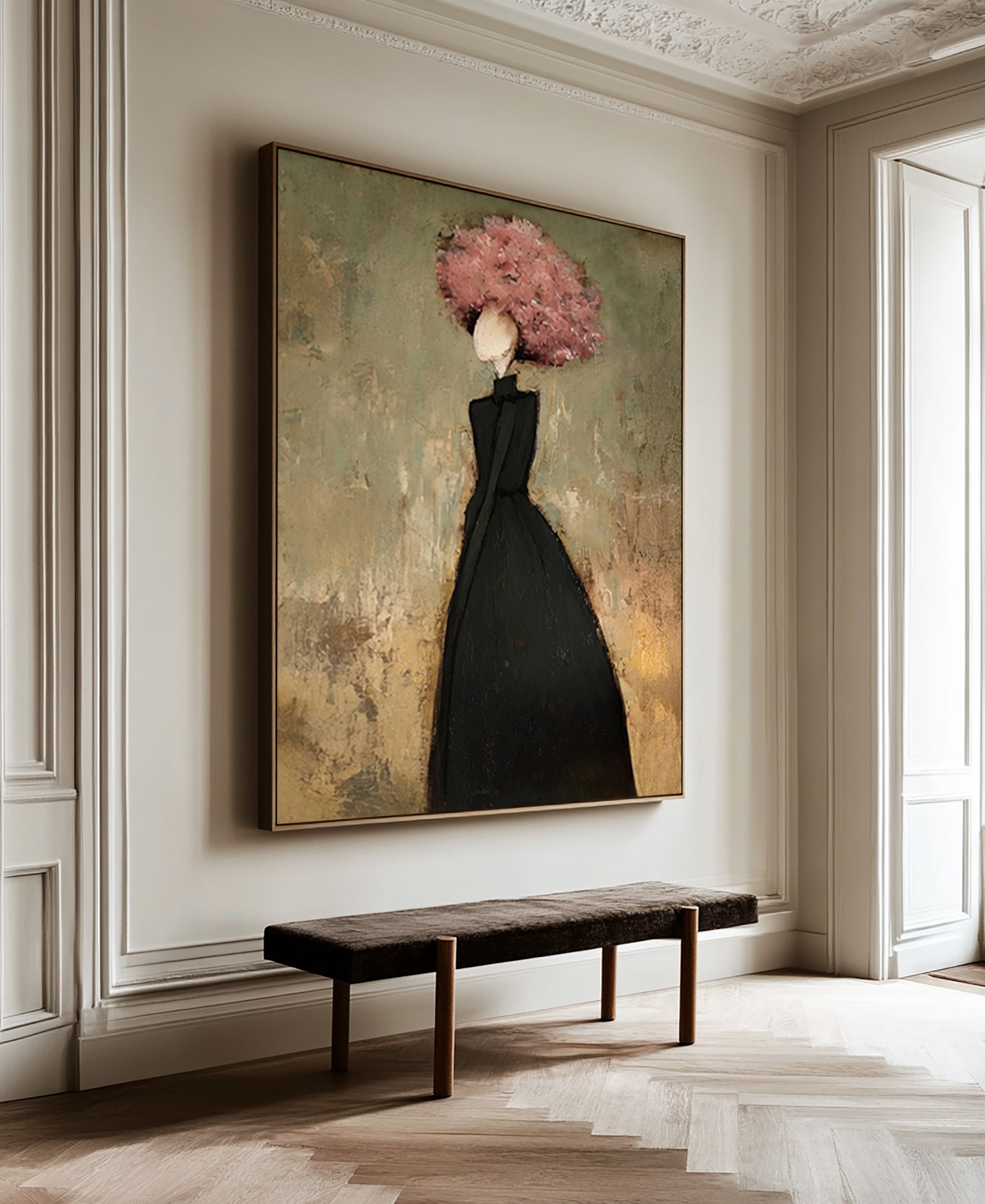 Large Woman Silhouette Wall Art Floral Oil Painting Modern Abstract Black Dress Contemporary Interior Decor