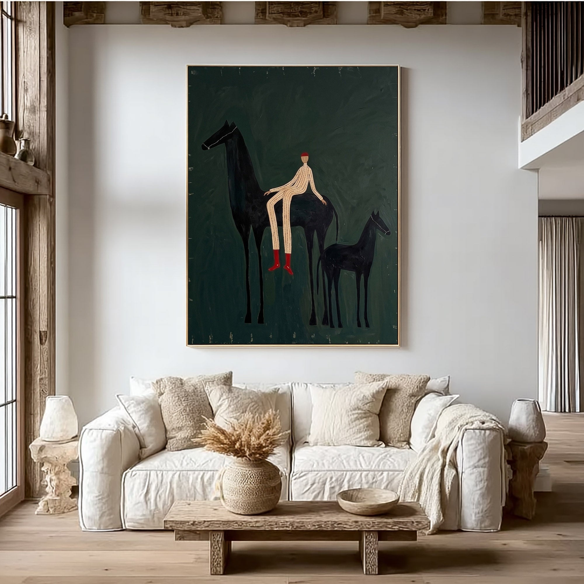 Large Cowboy Horse Wall Art Green Western Equestrian Painting
