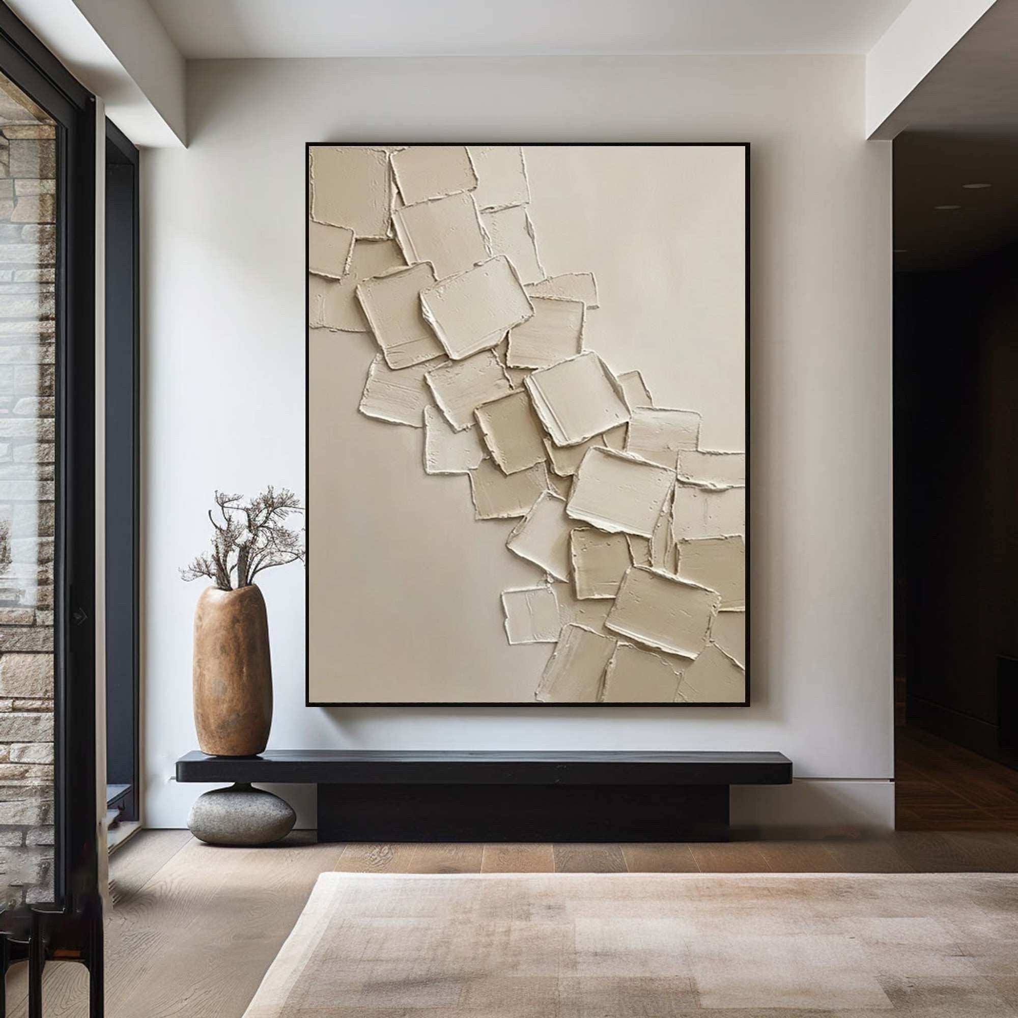 Large Minimalist Neutral Oil Artwork – Hand Painted Beige Texture Wall Decor