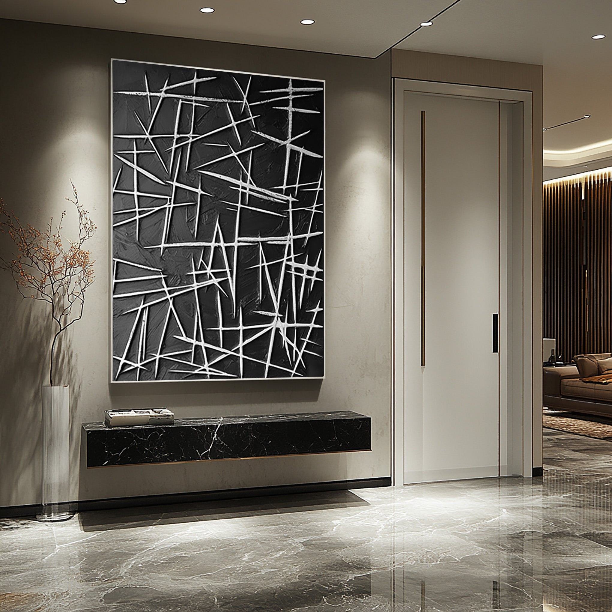 Framed White Line Contrast, Dark Textured Play, Modern Wall Art #MM413