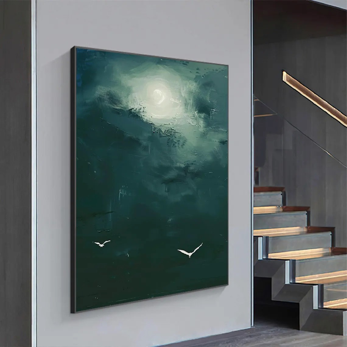 لوحة فنية تجريدية زرقاء ضبابية مع طيور #MM246