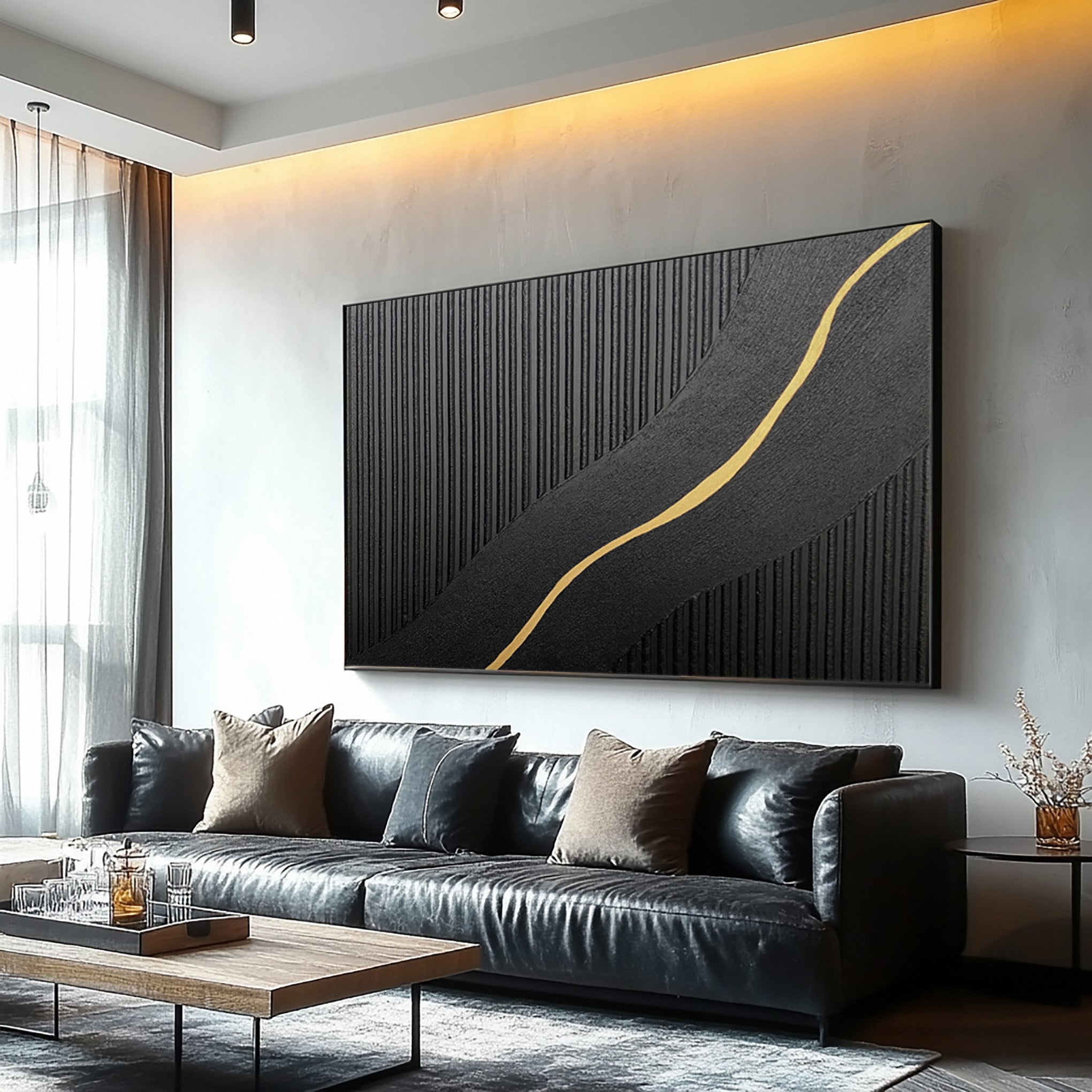 Diagonal Vein: Textured Black Abstract with Slanting Gold Inlay #MM592