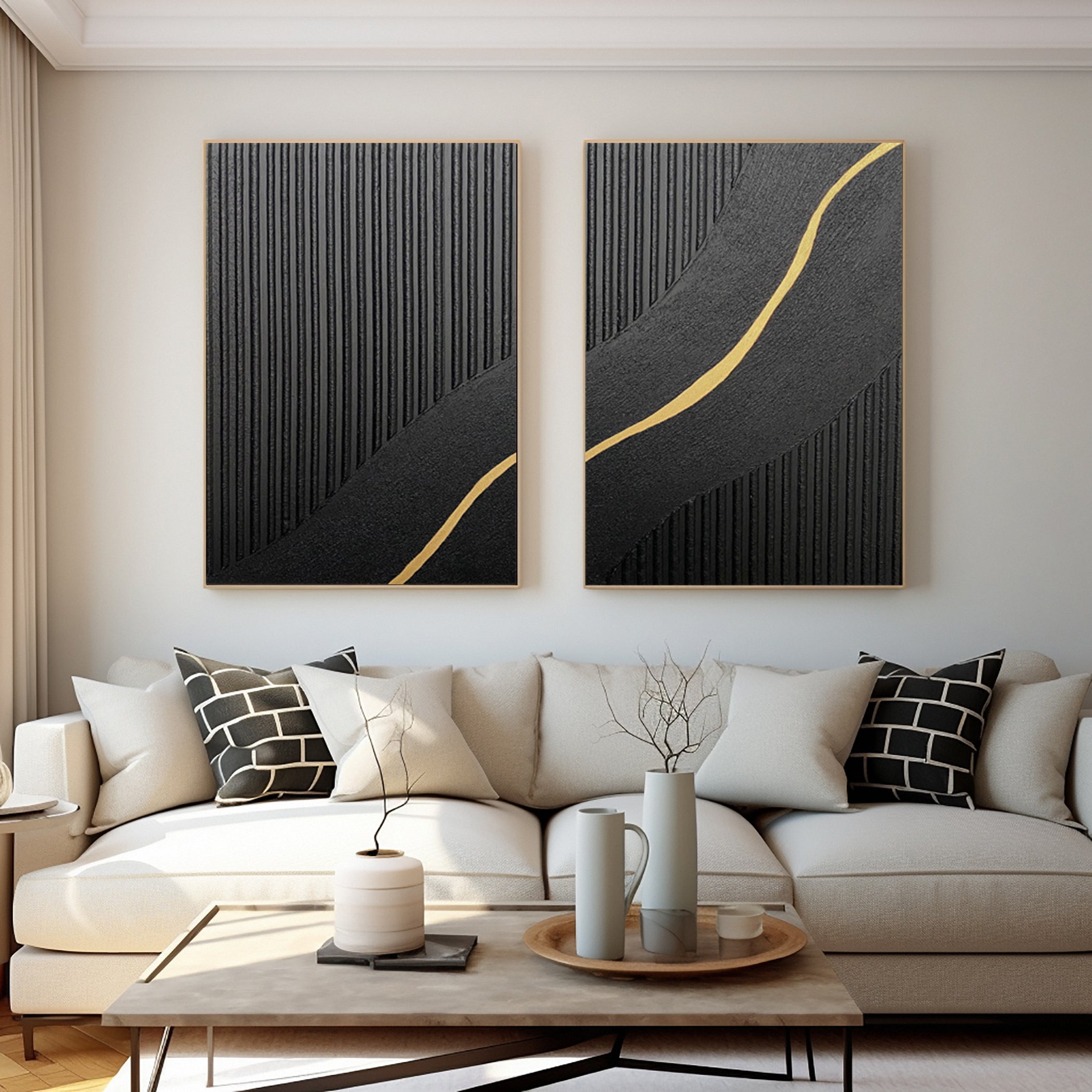 Contemporary Black Impasto Diptych with a Vein of Gold Unfolding #MM593