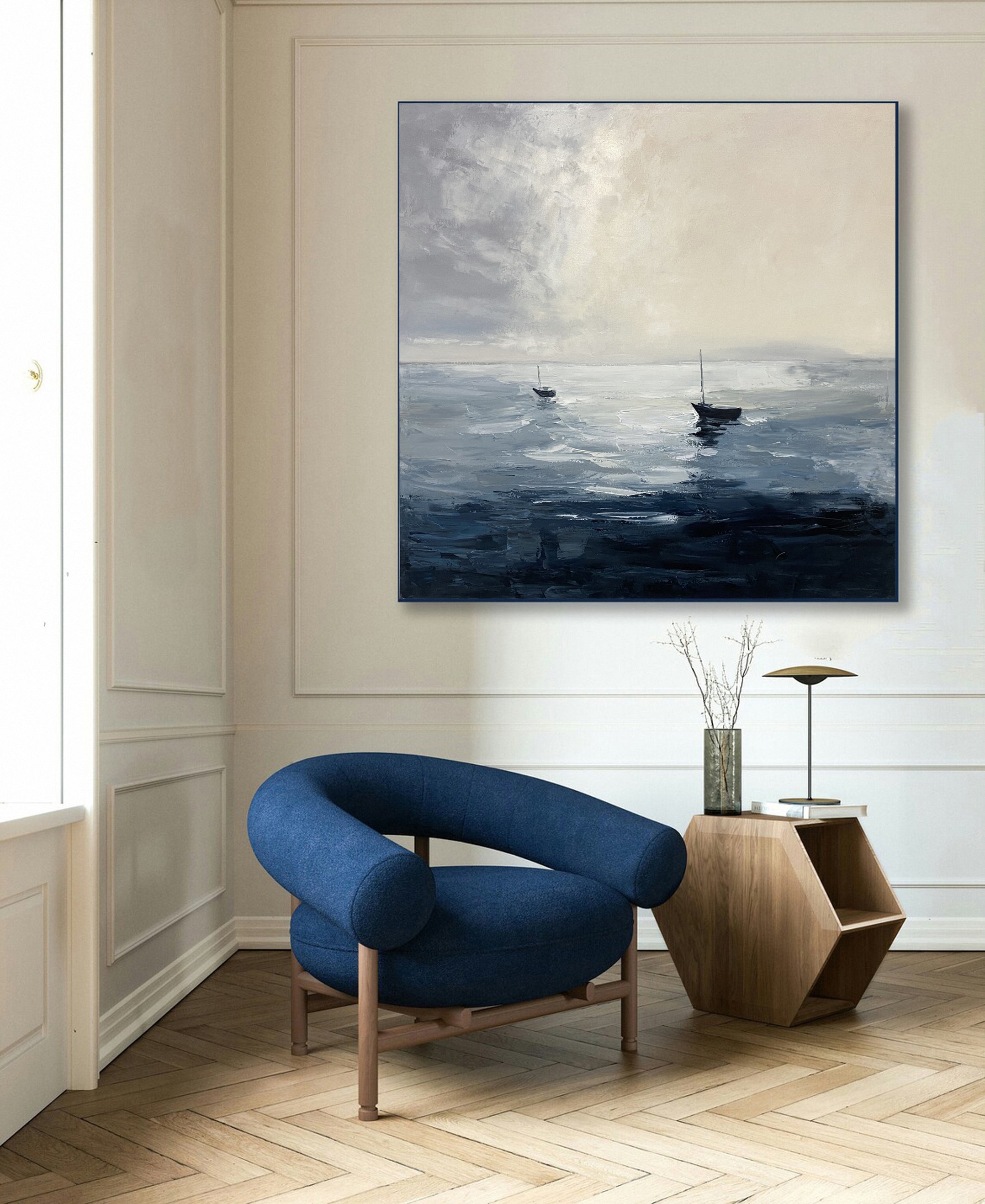 Still Waters, Distant Sails: Minimalist Marine Art with Two Boats #MM647