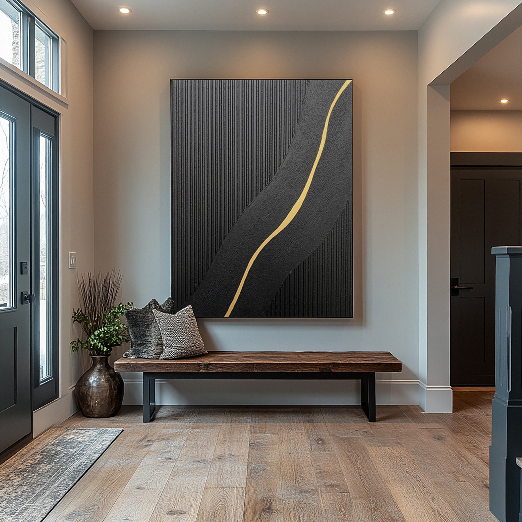 Modern Abstract with Textured Black and Luminous Gold Curve #MM591