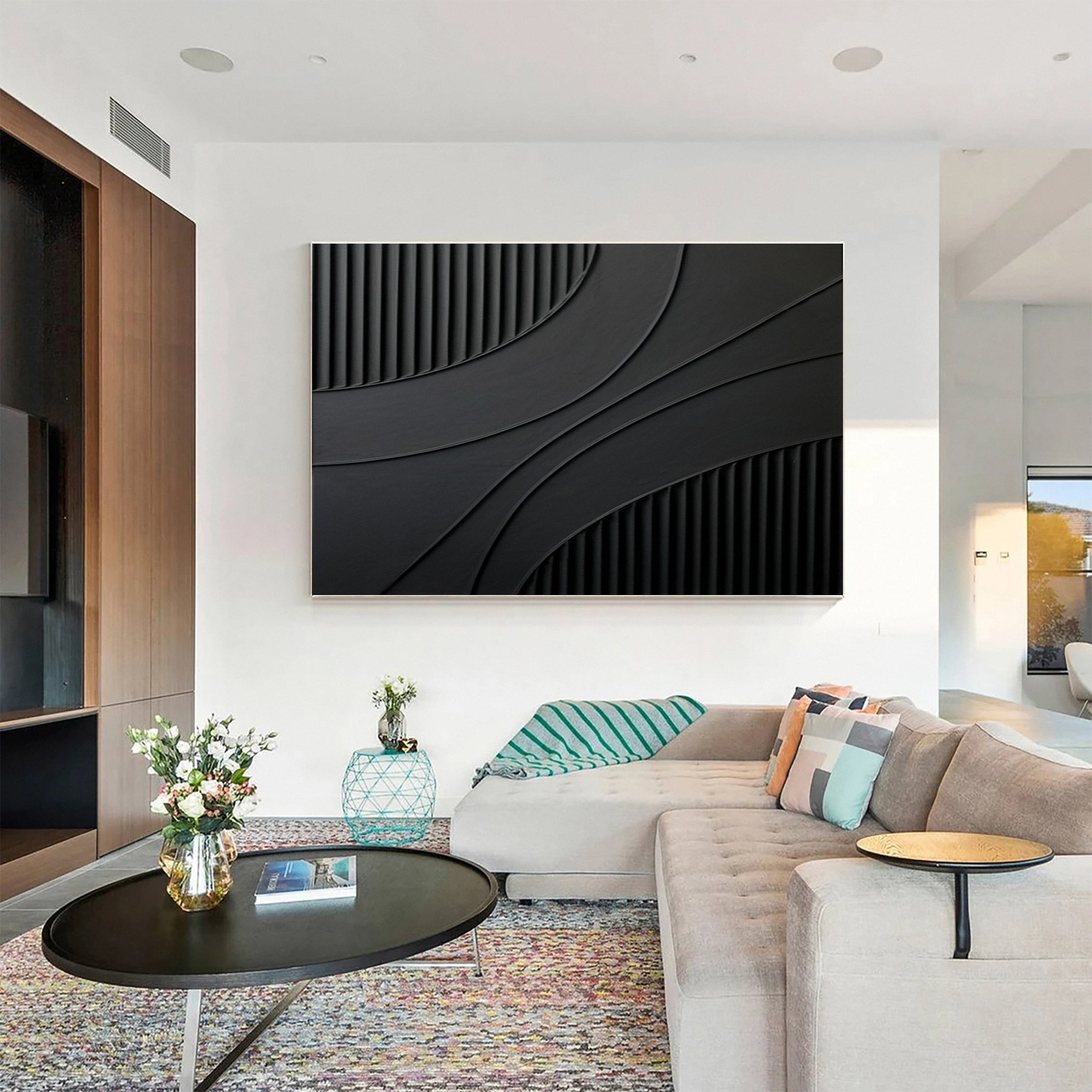 Deep Shadow Contours: Modern Black Art with Textured Bands #MM612