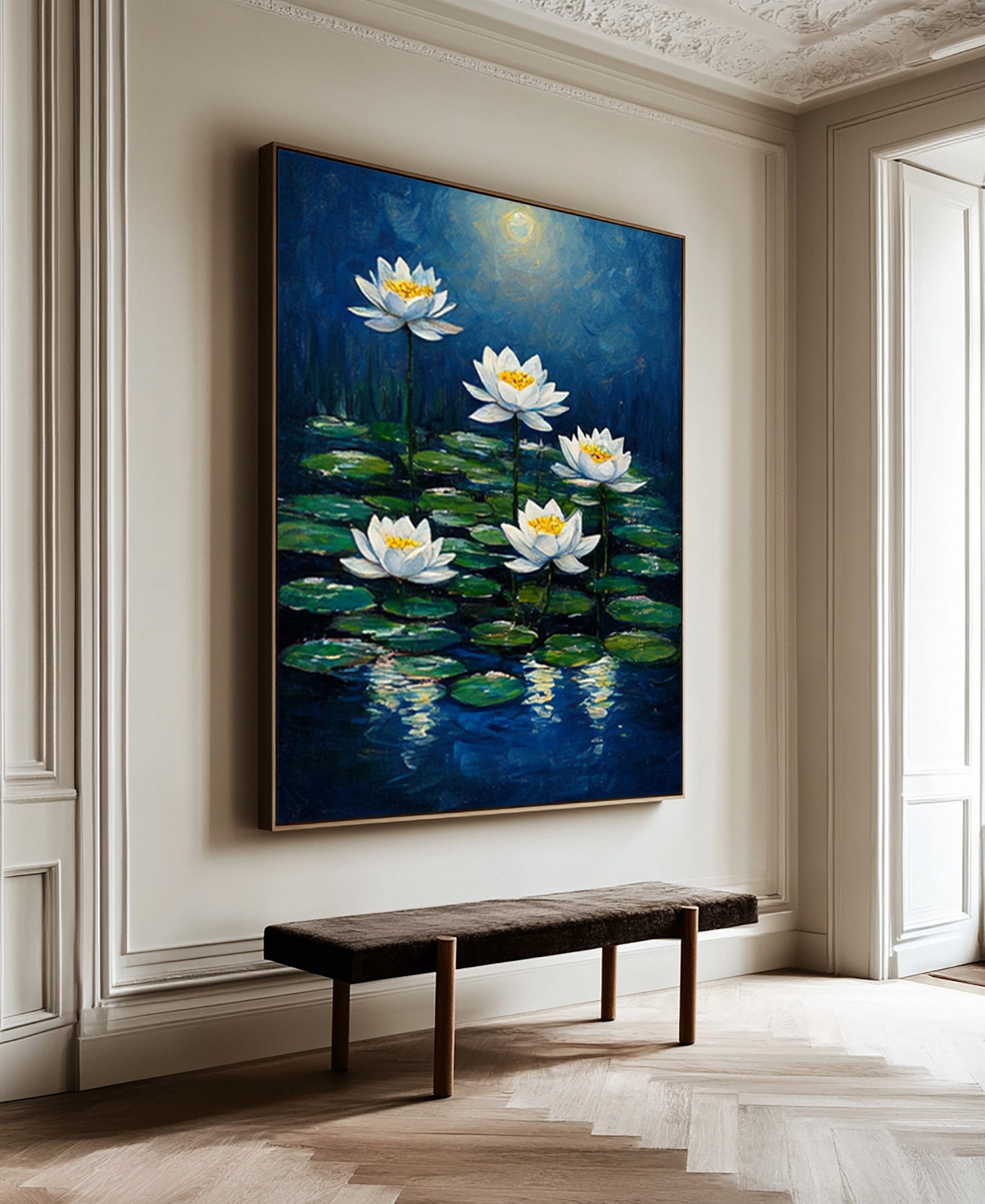 Moonlit Water Lilies: Serene Night Painting with Blooms on Pond #MM644
