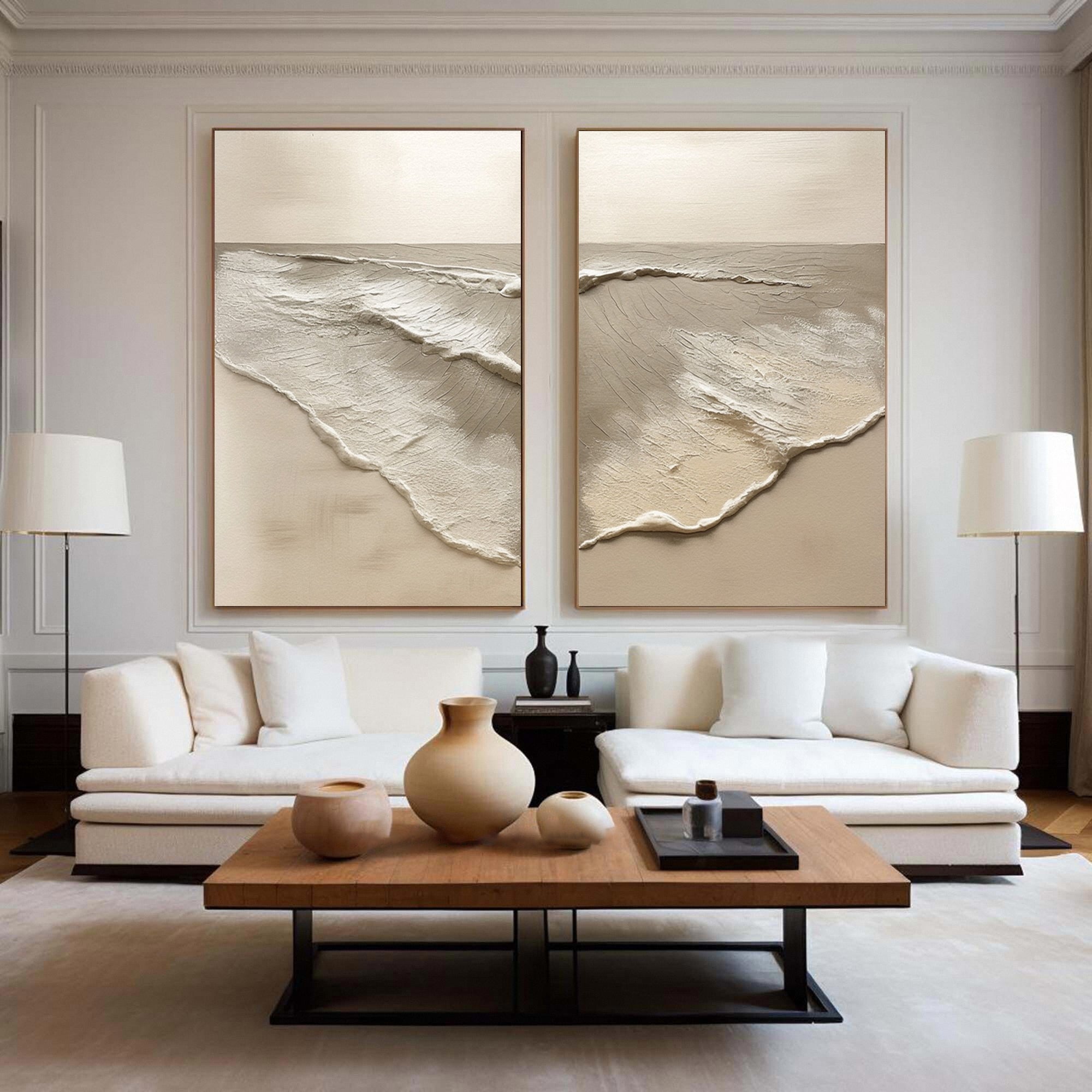 Minimalist Neutral Beach Diptych with Sculpted Water and Sand #MM584