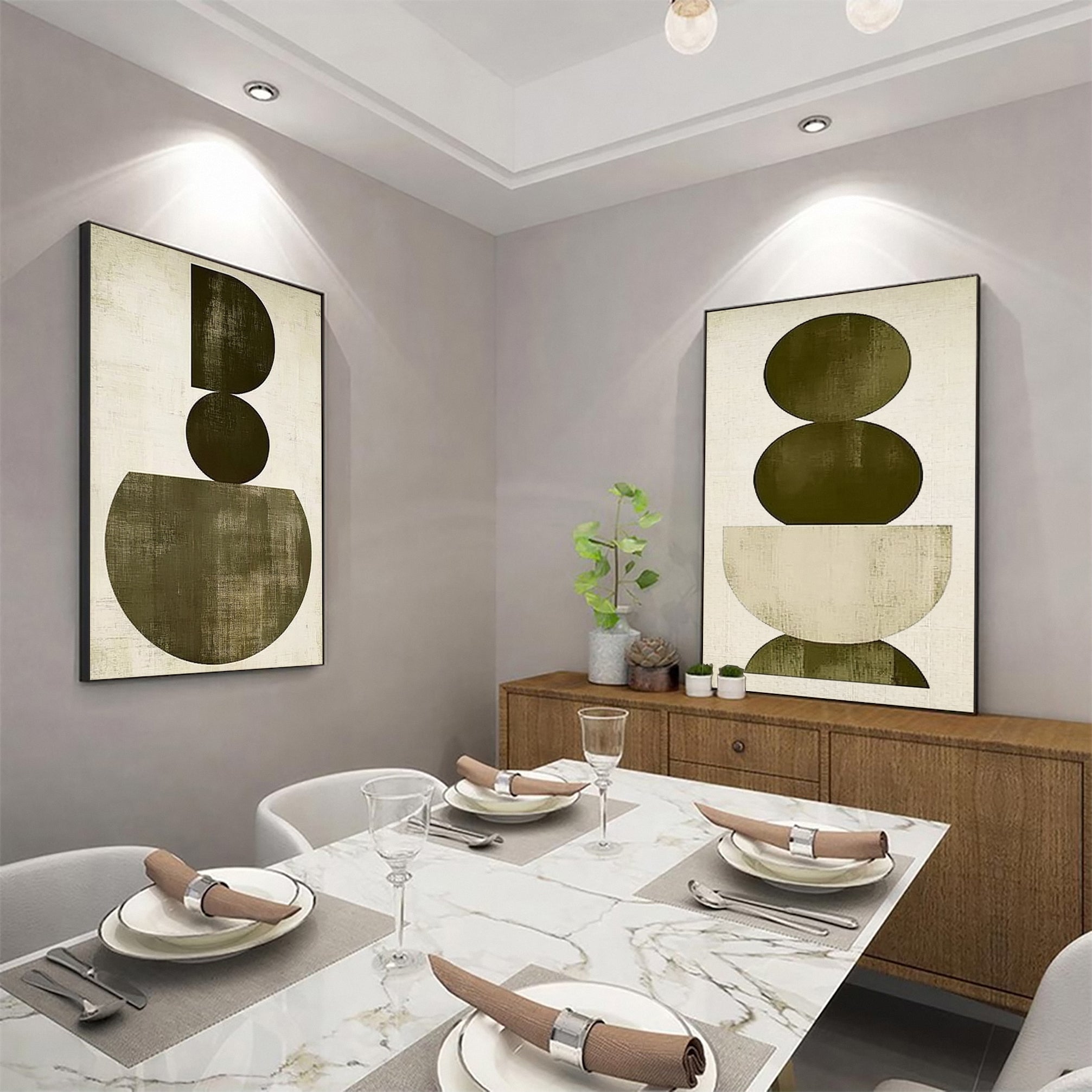 Modern Geometric Diptych Olive Green and Beige Canvas Art #MMS058