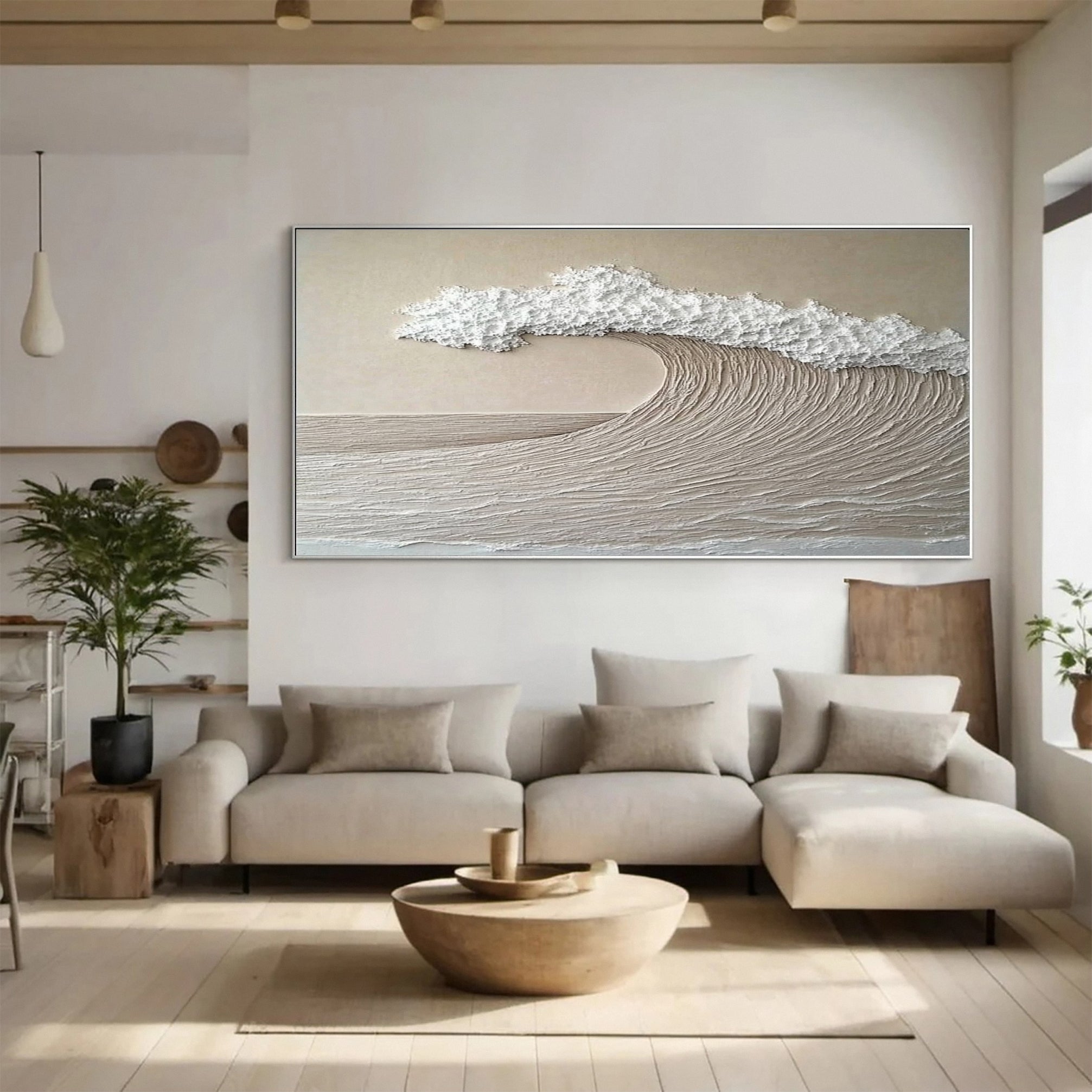 Minimalist Wave Wall Art Textured Neutral Coastal Canvas #OP044
