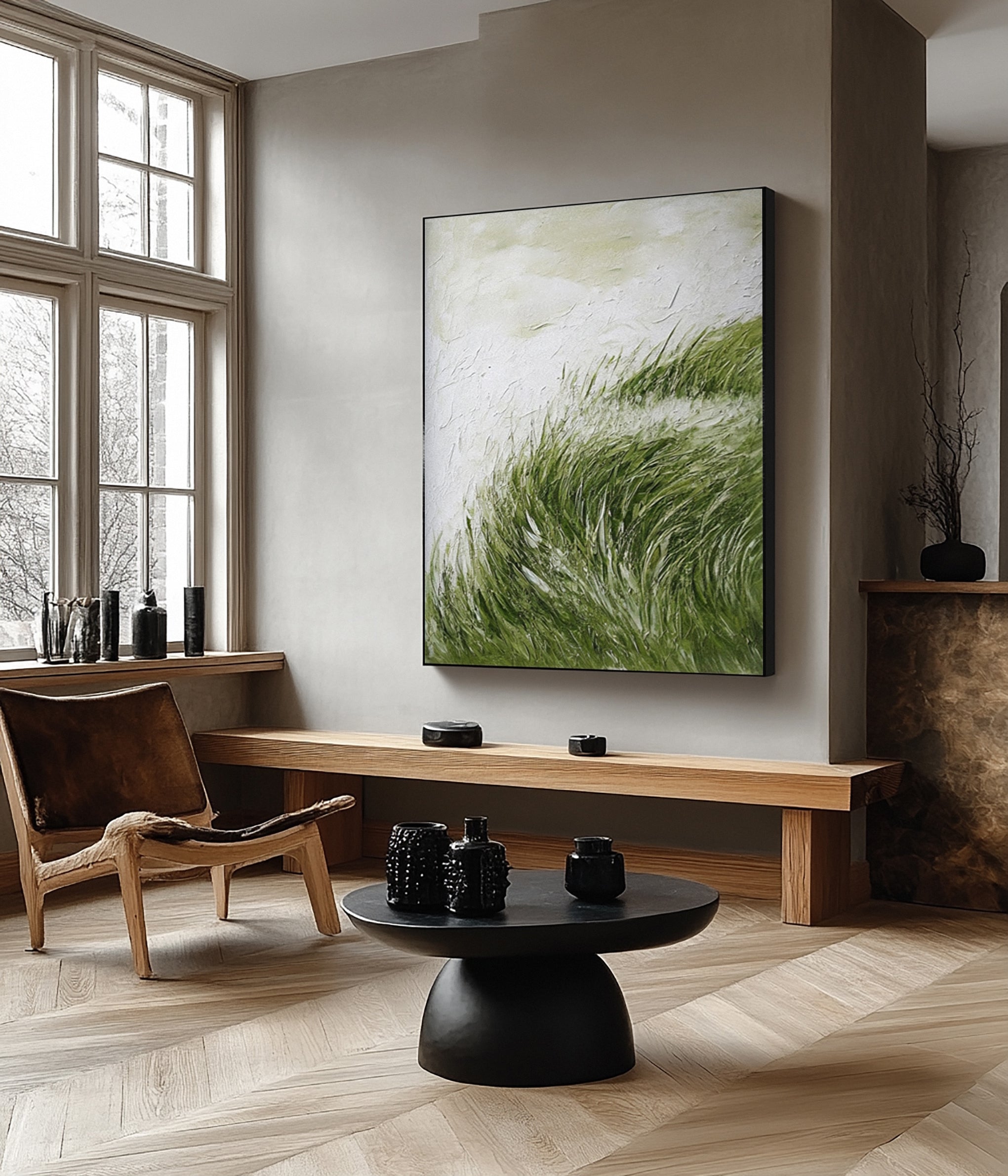 Textured Windswept Grass: Contemporary Art with Dynamic Green #MM642