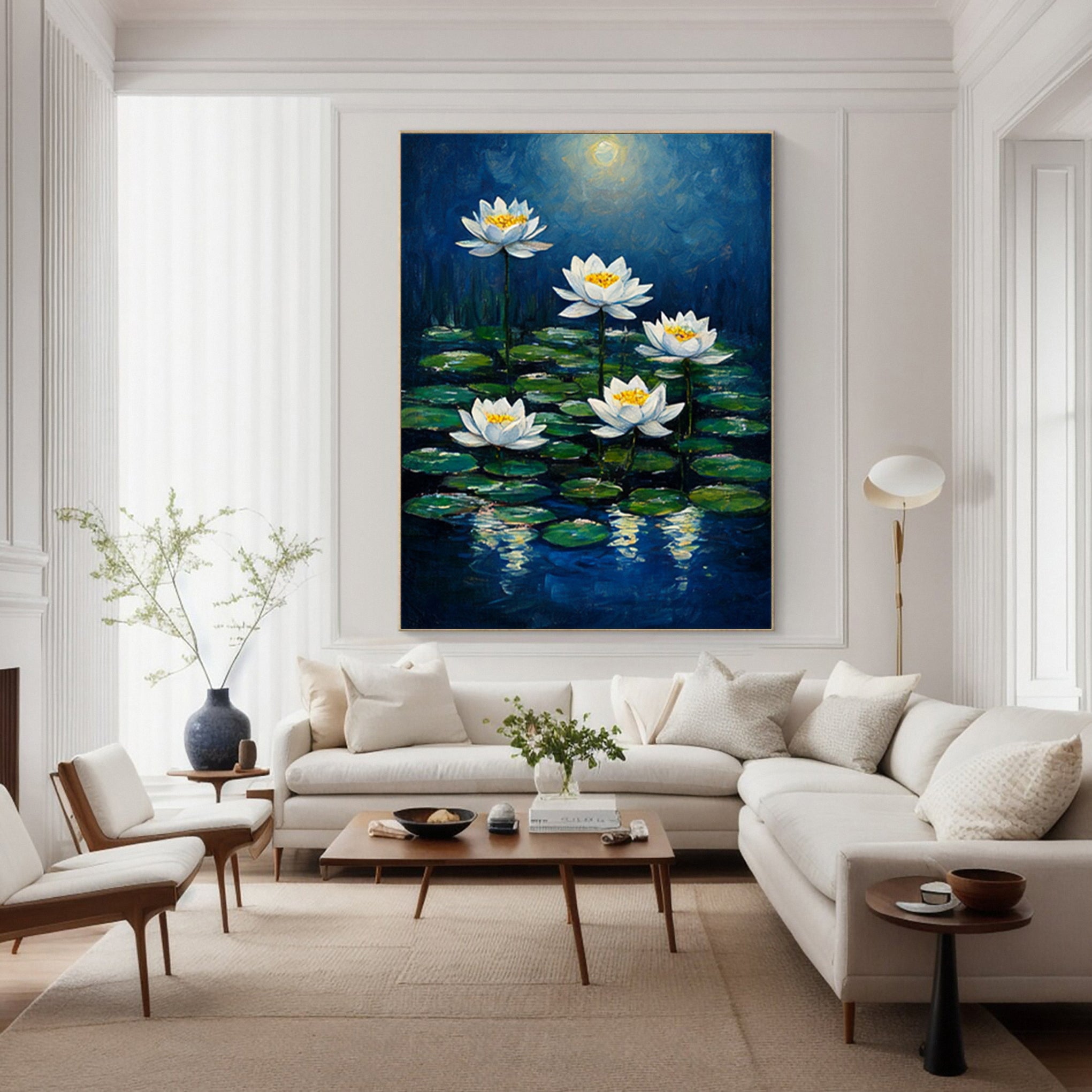 Moonlit Water Lilies: Serene Night Painting with Blooms on Pond #MM644