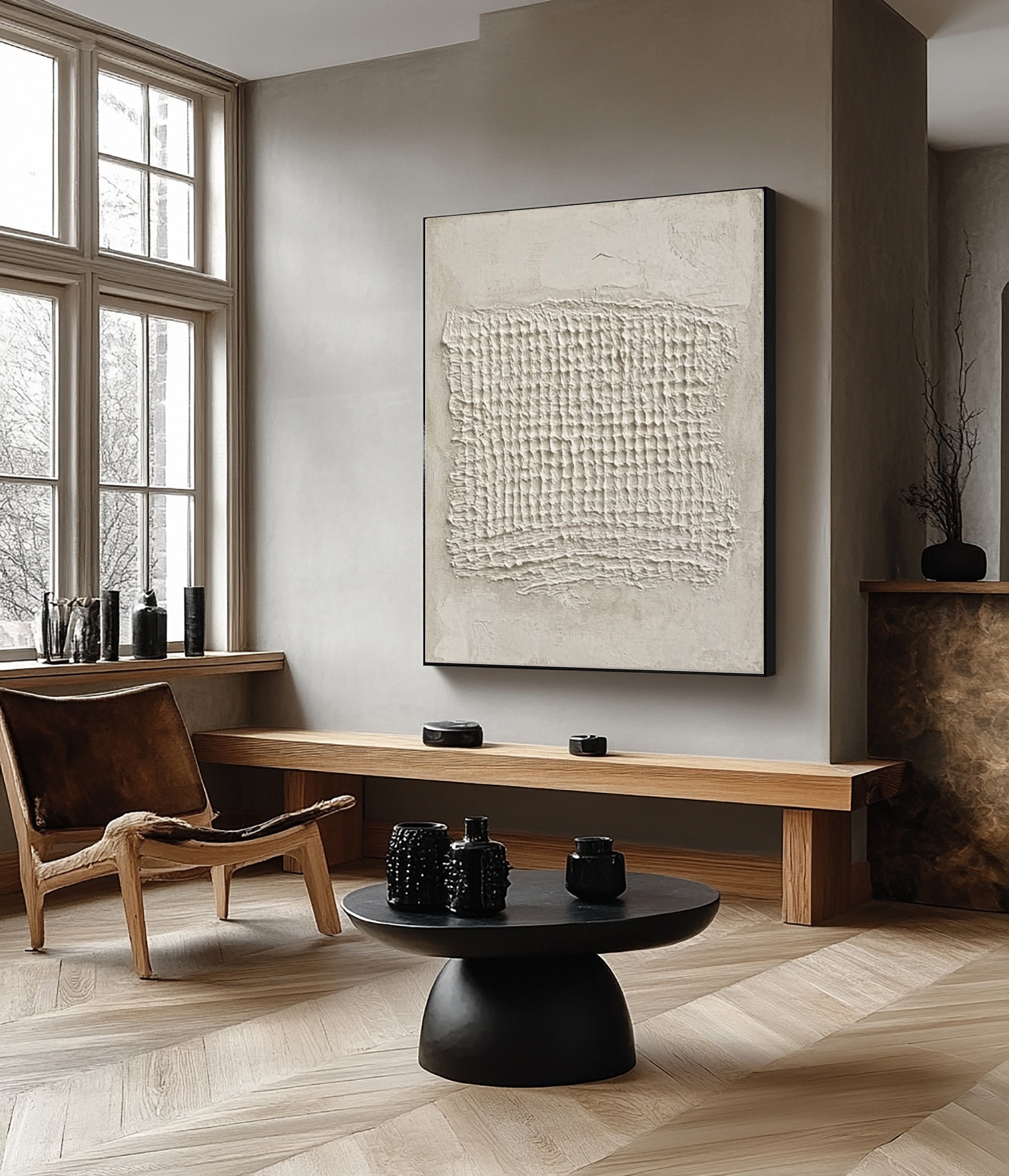 Sculpted Neutral Grid: Minimalist Abstract with Central Texture #MM600