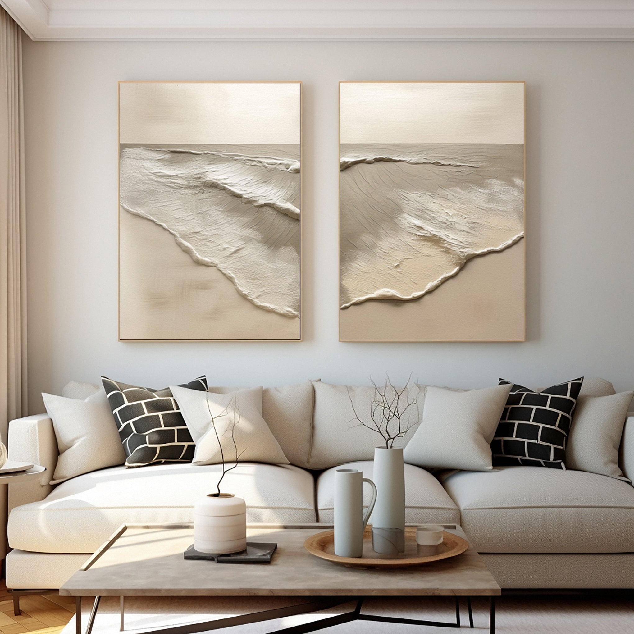 Minimalist Neutral Beach Diptych with Sculpted Water and Sand #MM584