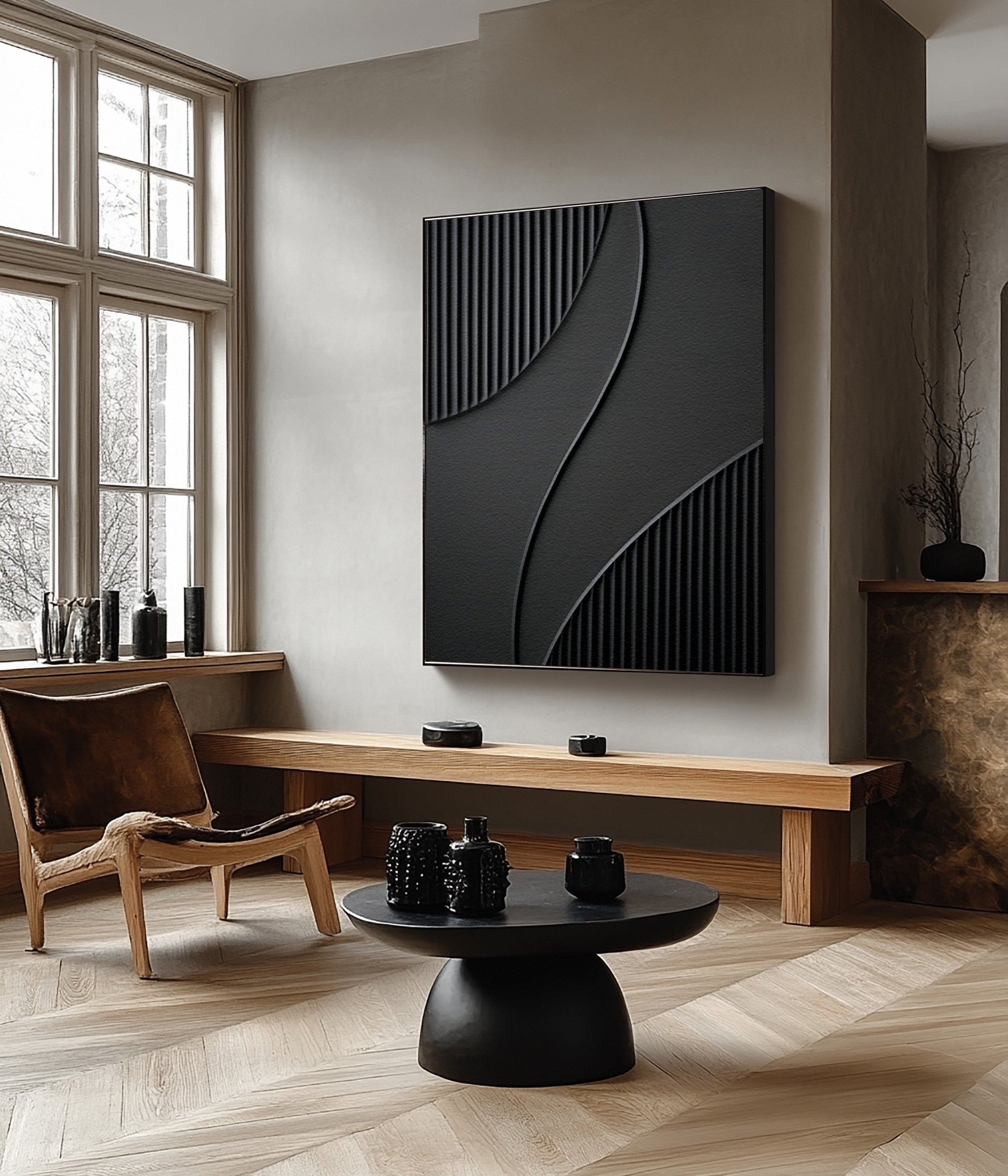 Deep Shadow Flow: Black Abstract Art with Textural Elements #MM610