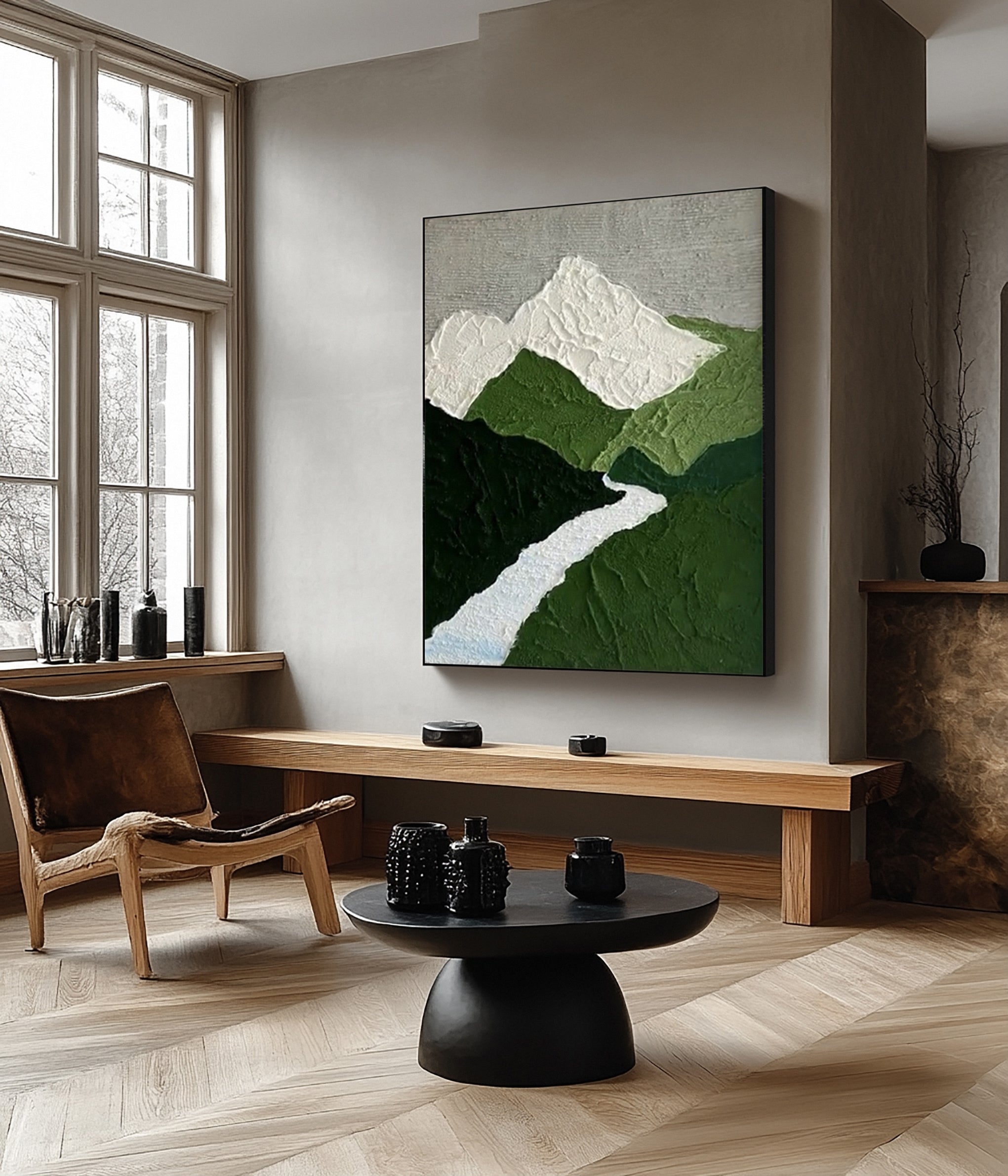Textured Mountain River: Minimalist Landscape Art with Peaks #MM639