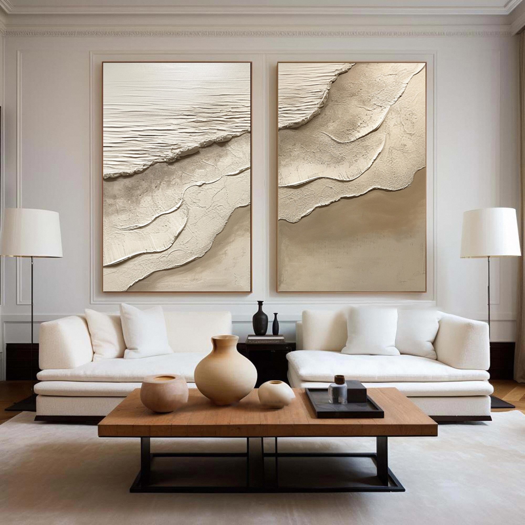 Sand & Tide: Modern Abstract Beach Pair in Neutral Impasto #MM581