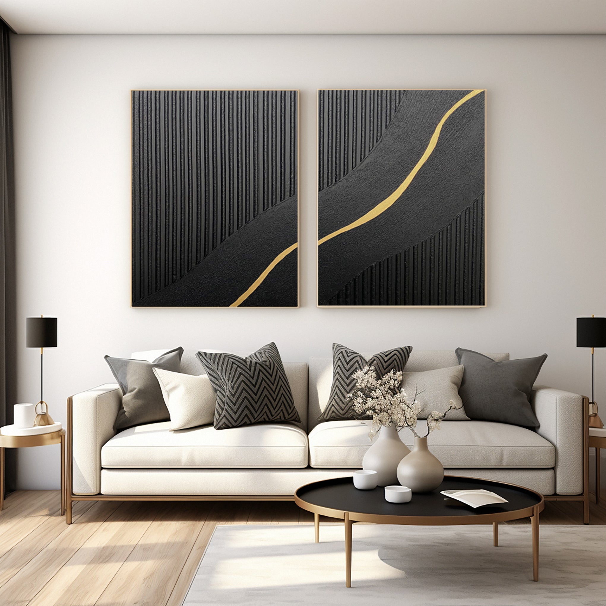 Contemporary Black Impasto Diptych with a Vein of Gold Unfolding #MM593