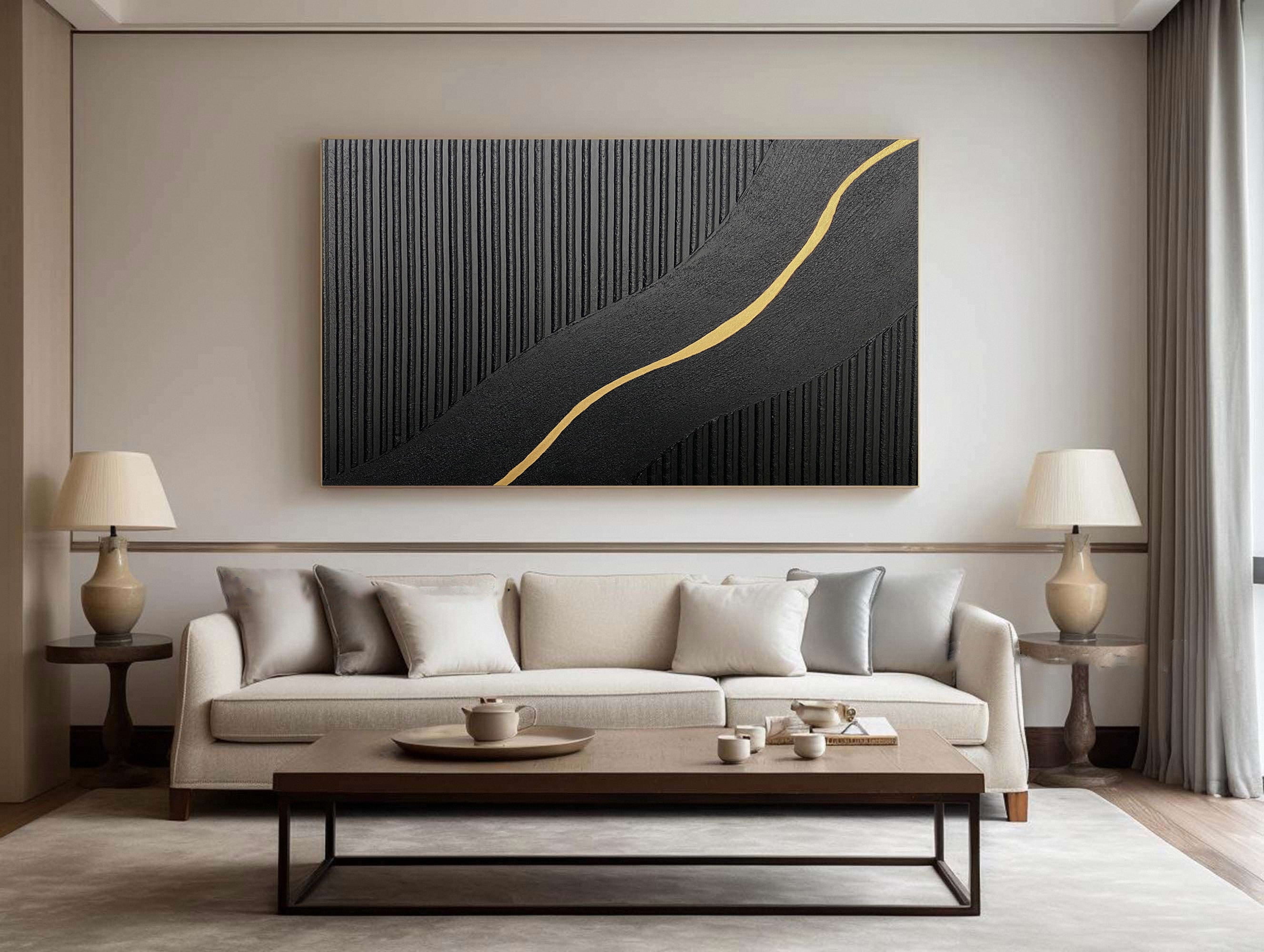 Diagonal Vein: Textured Black Abstract with Slanting Gold Inlay #MM592