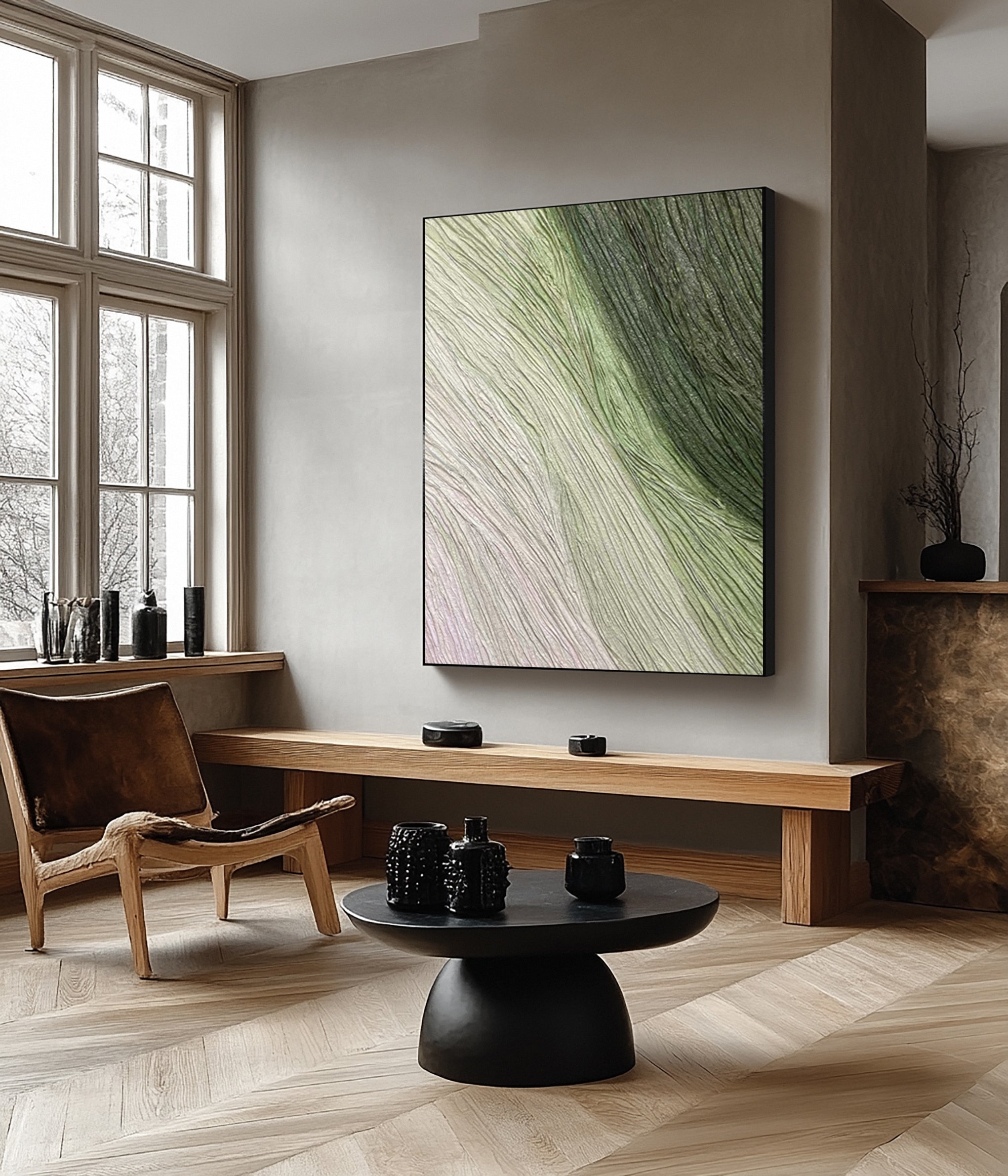 Contemporary Abstract Art with Gentle Green and Neutral Lines #MM633