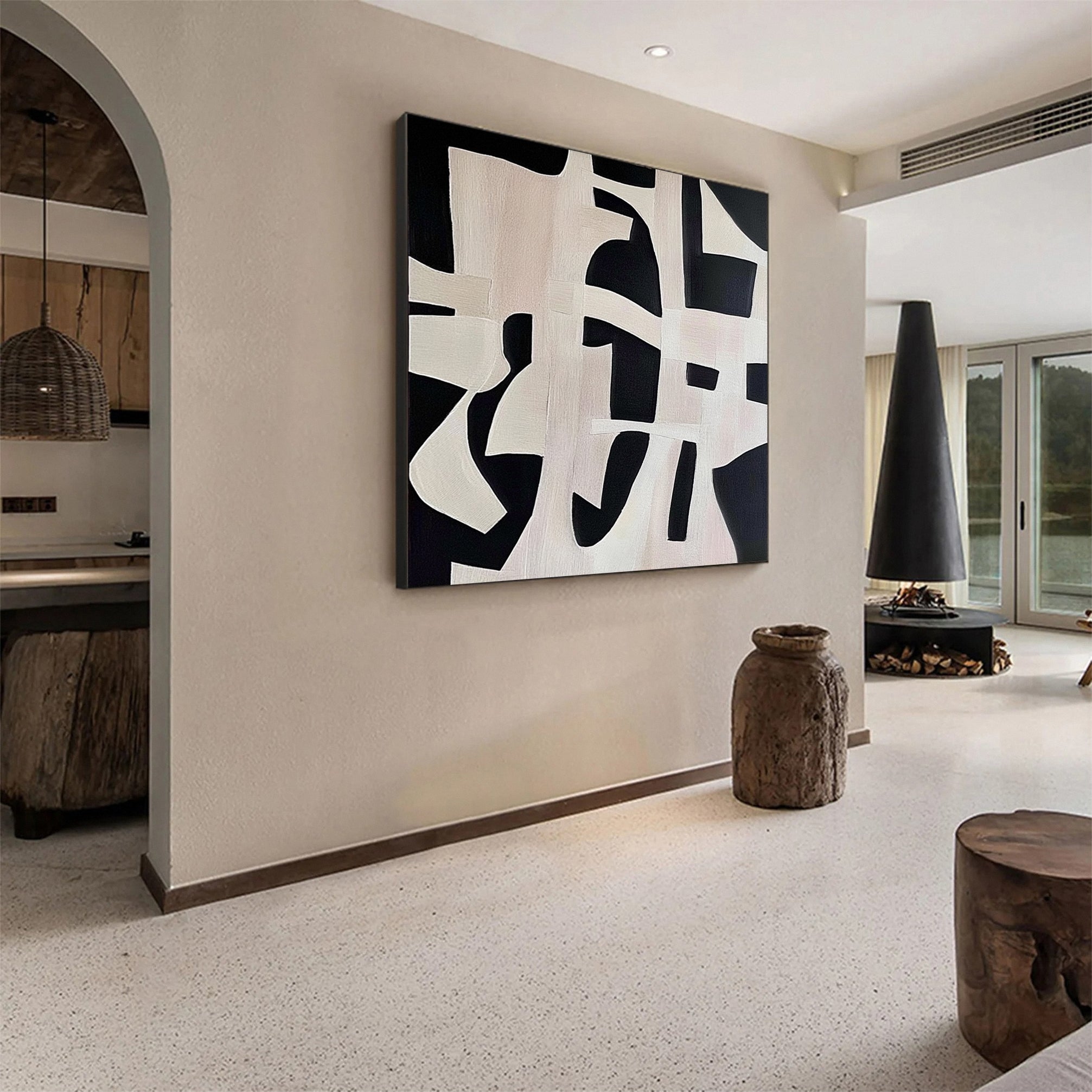 لوحة فنية جدارية هندسية تجريدية باللونين الأبيض والأسود #MM146