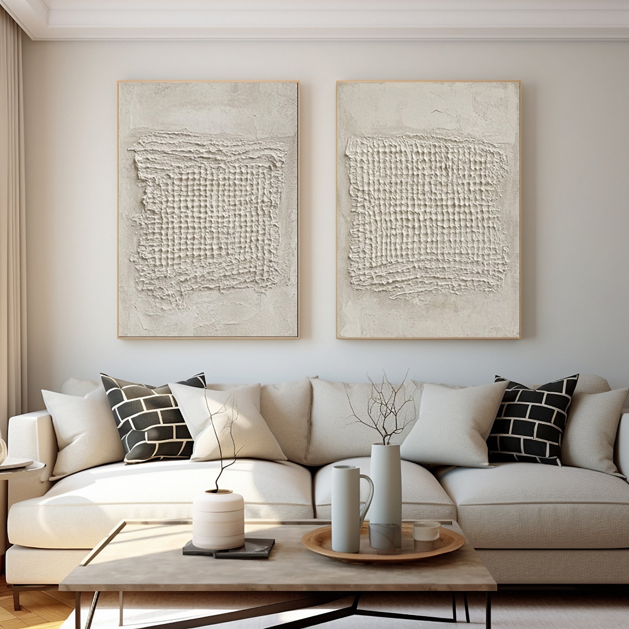 Sculpted Neutral Grid Diptych: Minimalist with Central Textures #MM603
