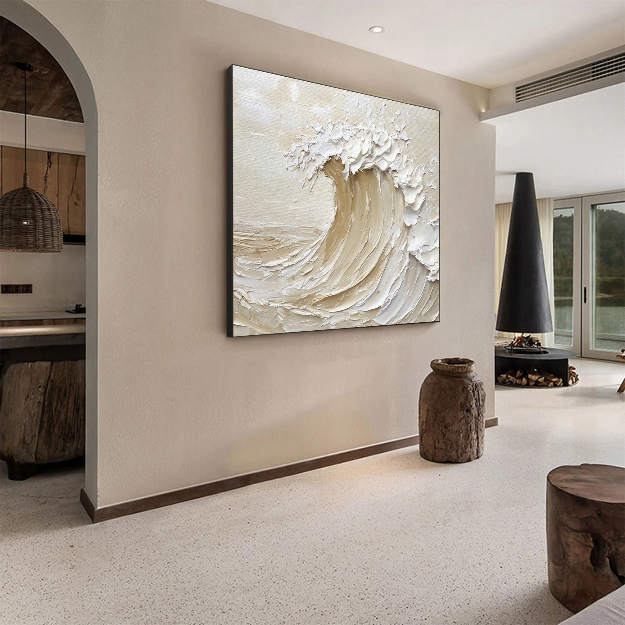 Handcrafted Neutral Wave Art Textured Coastal Canvas #OP046