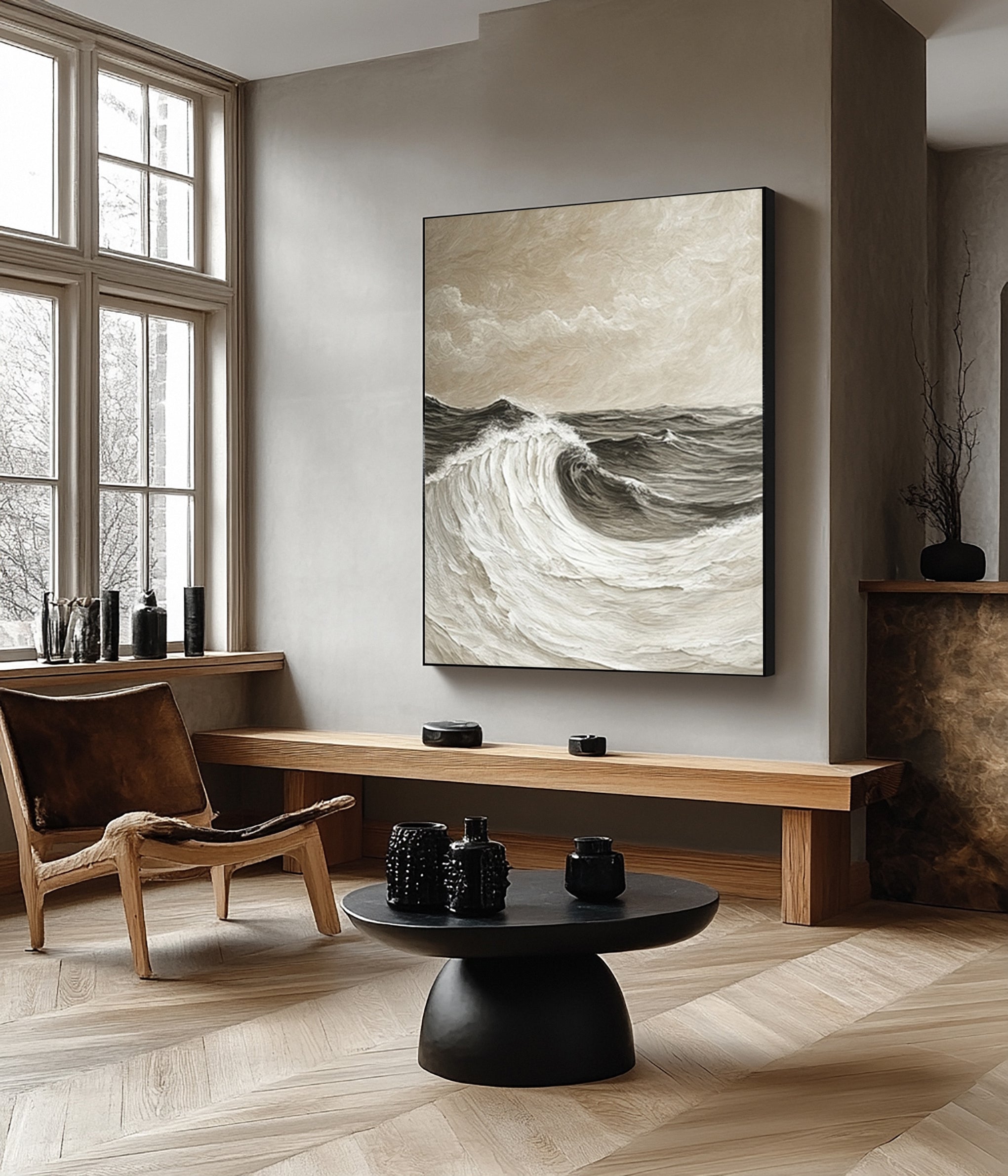 Sculpted Seascape in Neutral Hues: Abstract Ocean Wave Relief #MM621