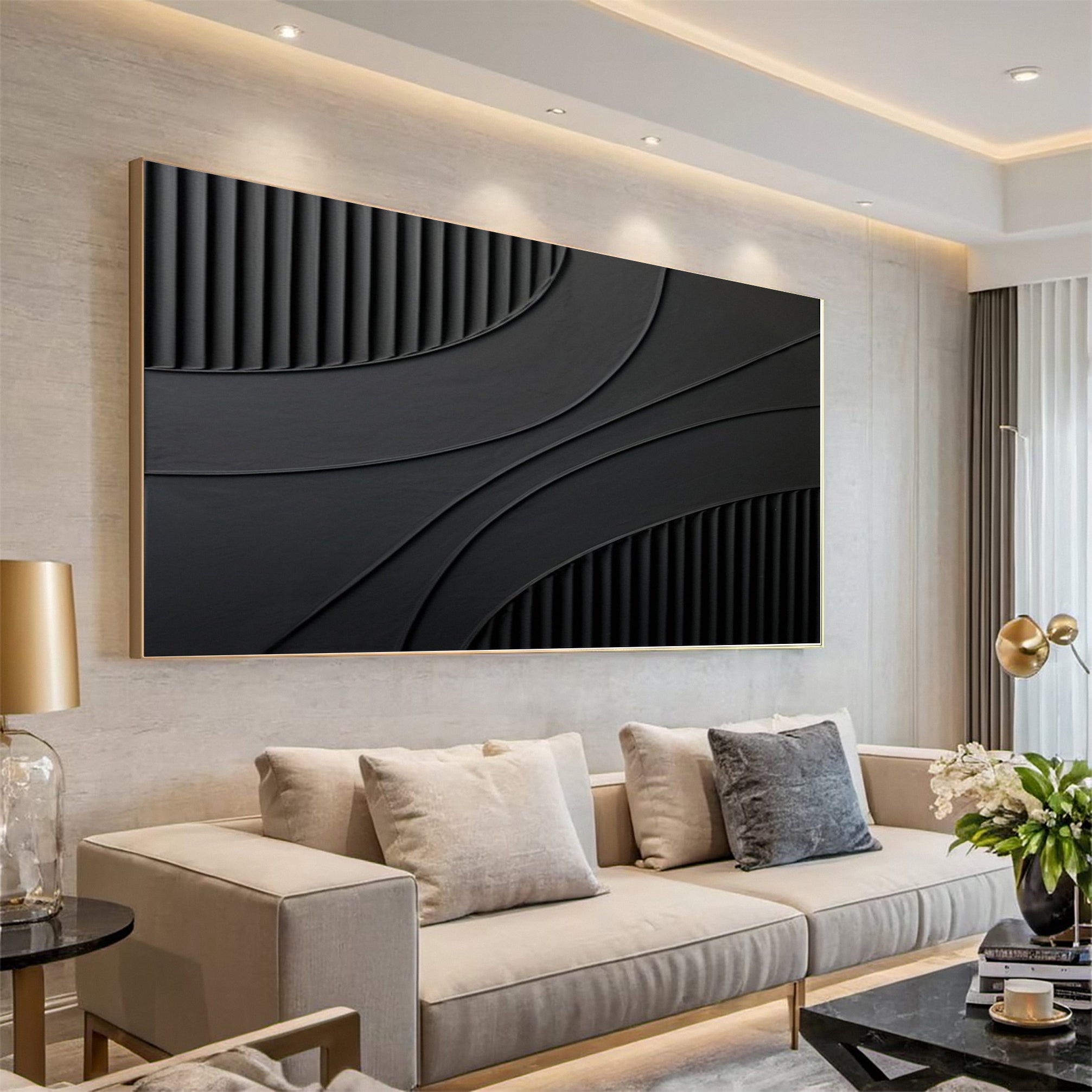 Deep Shadow Contours: Modern Black Art with Textured Bands #MM612