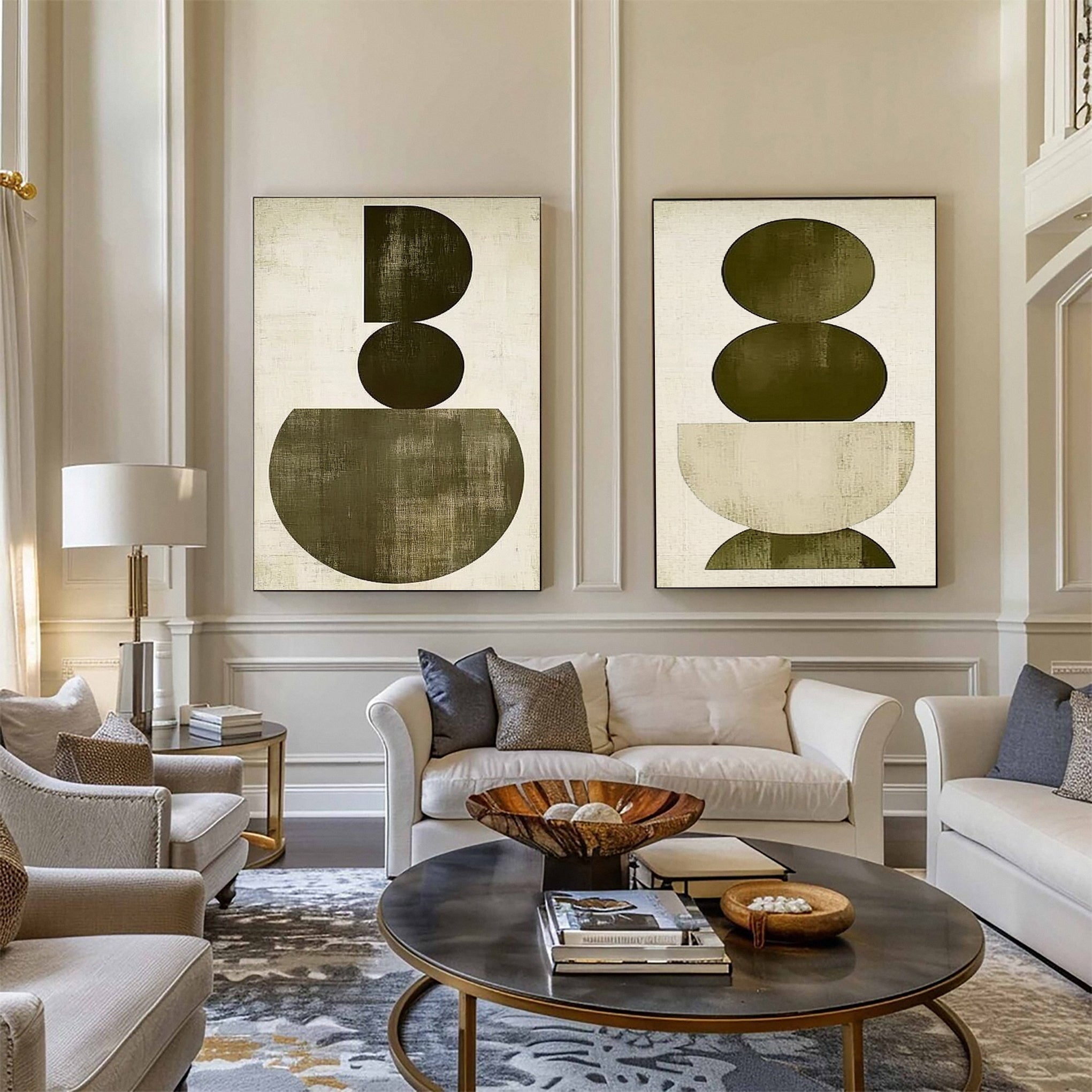 Modern Geometric Diptych Olive Green and Beige Canvas Art #MMS058